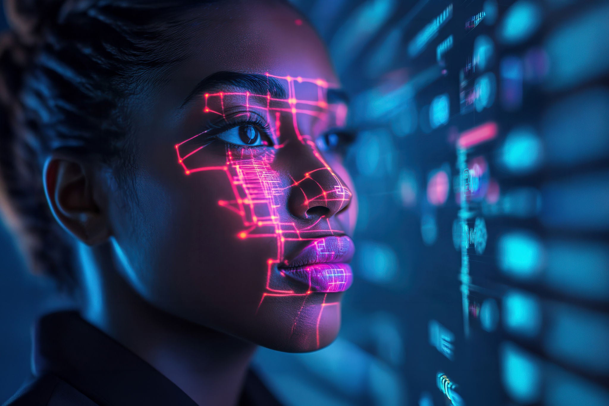 Close-up of a face with AI facial mapping and digital data overlays in a futuristic interface.