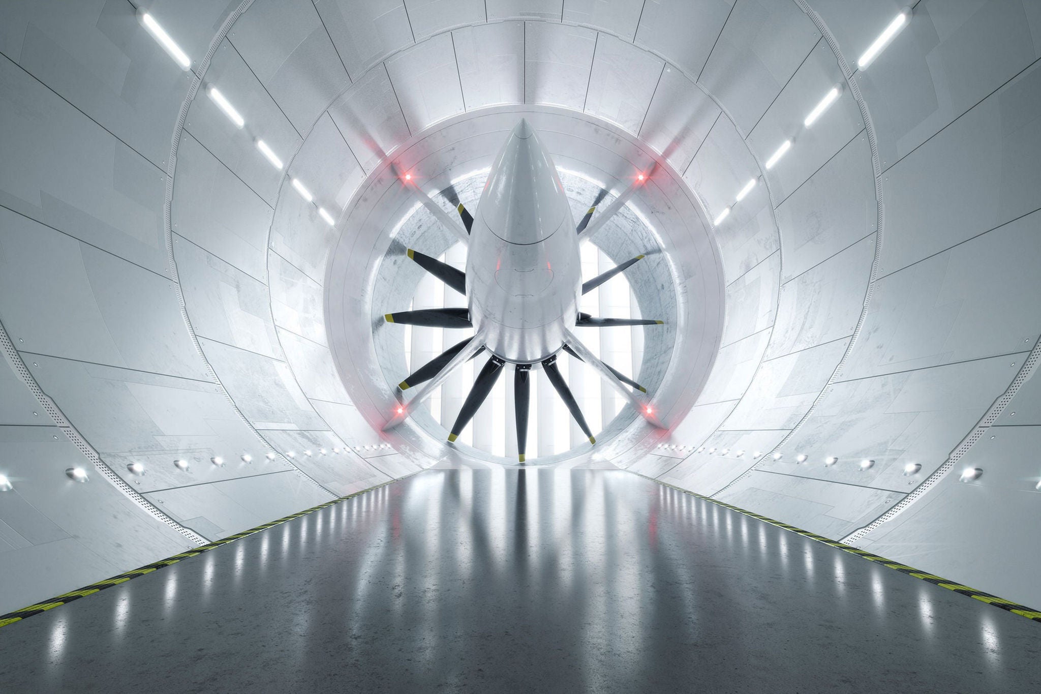Aircraft inside a wind tunnel for aerodynamic testing