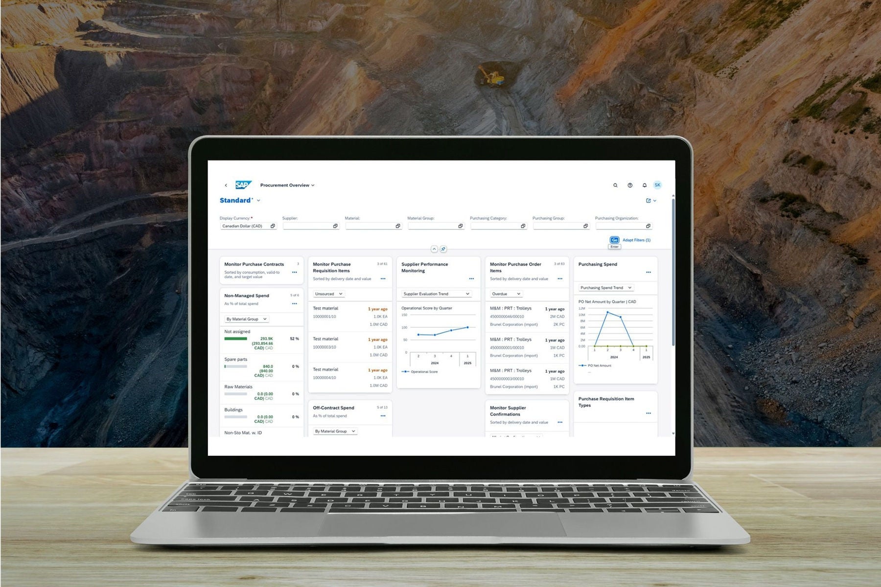 Laptop showing SAP Procurement Overview dashboard on screen