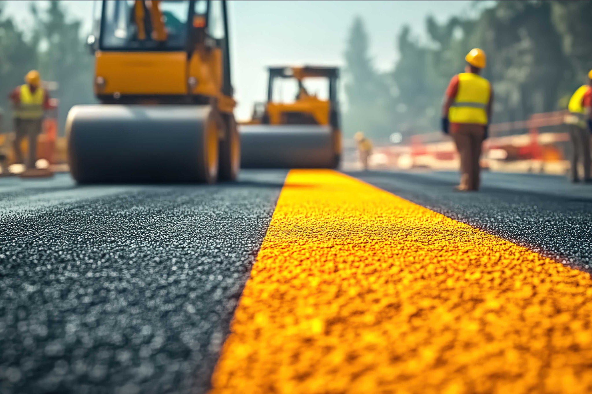 Straßenbauarbeiten mit Walzen und Bauarbeitern auf neu asphaltierter Straße