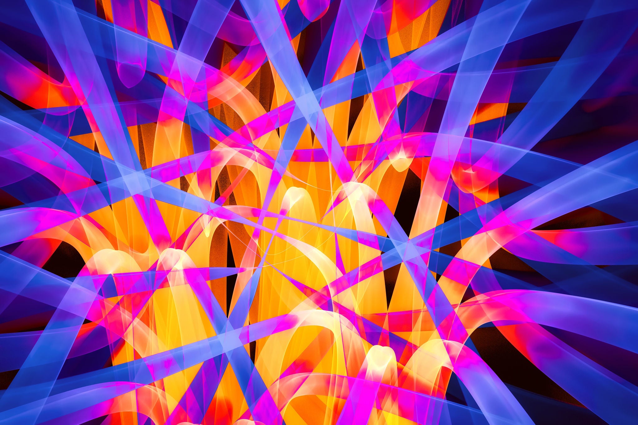 Intersection of Blue Yellow lines. Abstract Metaverse Futuristic Computer Network Fractal High Speed Technology Motion Space Multicolored Nerve Strips on Black Background