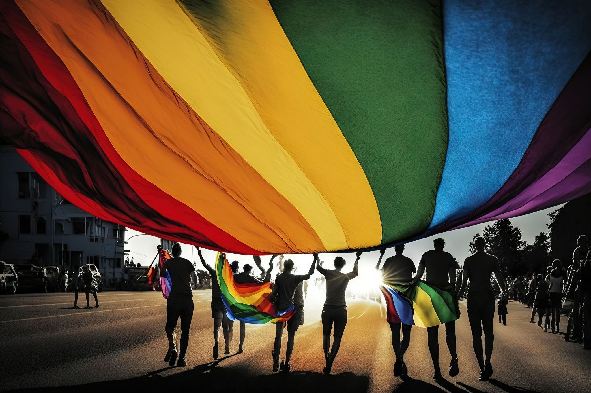 Ihmiset sateenkaarilipun kanssa pride-kulkueessa