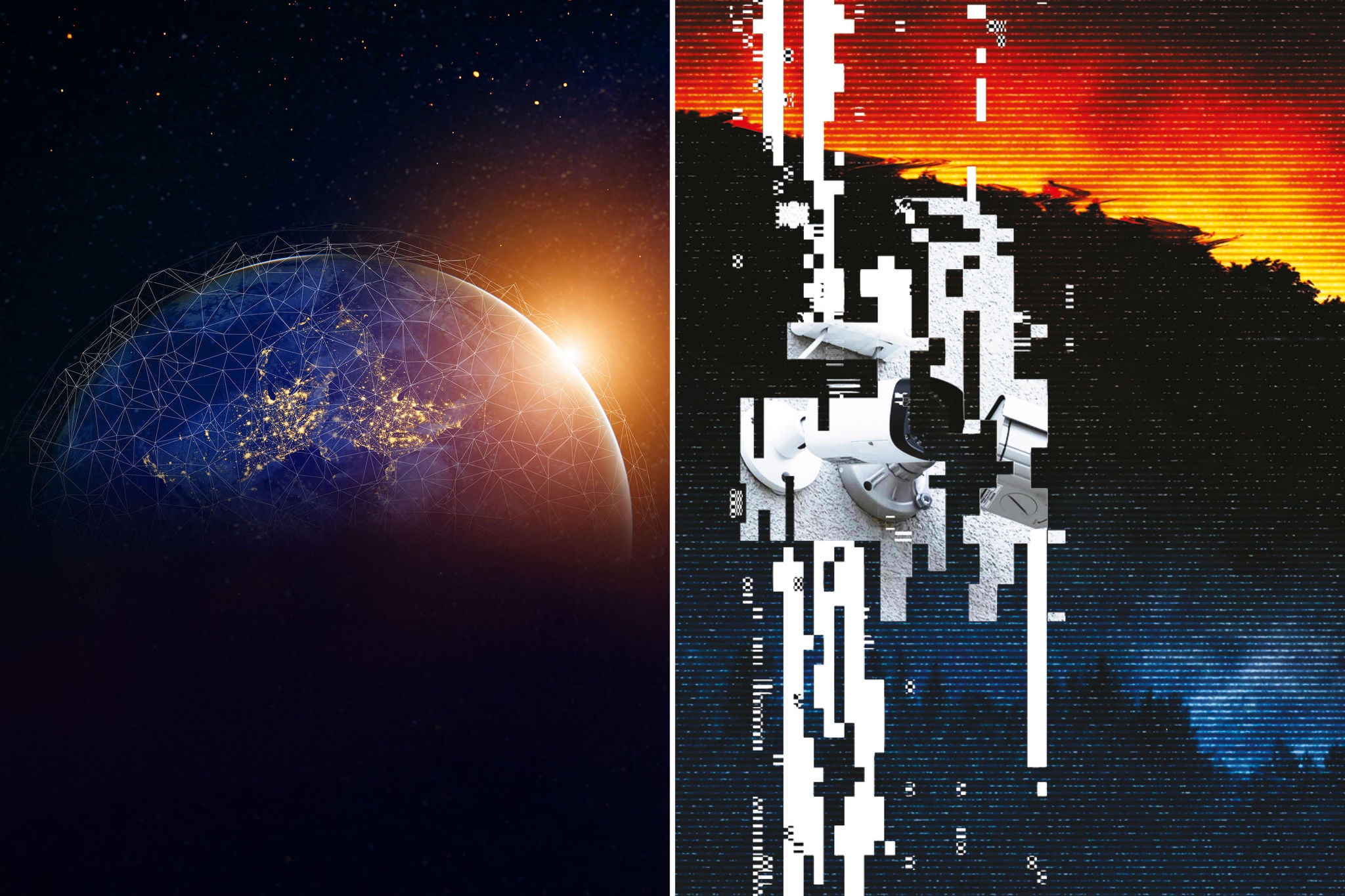 Split image showing a connected digital globe and a distorted surveillance camera, highlighting cyber risk.
