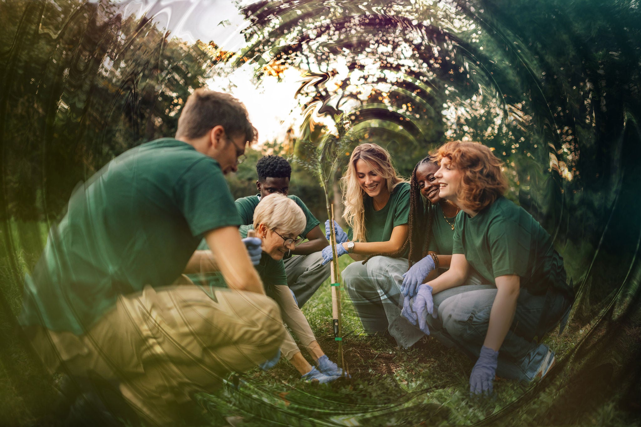 Diverse group of volunteers wearing green t shirts are planting a new tree in the park, taking care of nature and environment