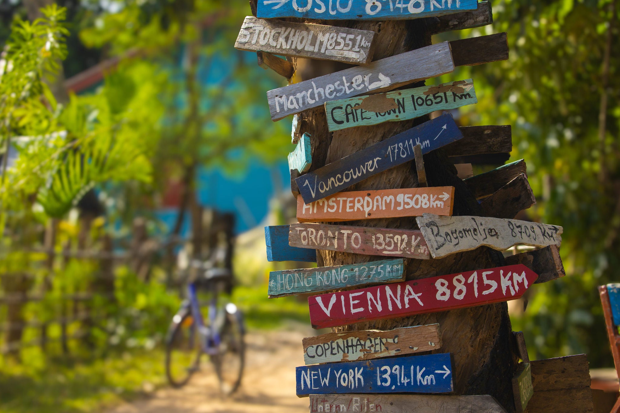 Panneau coloré en bois avec flèches vers plusieurs villes du monde