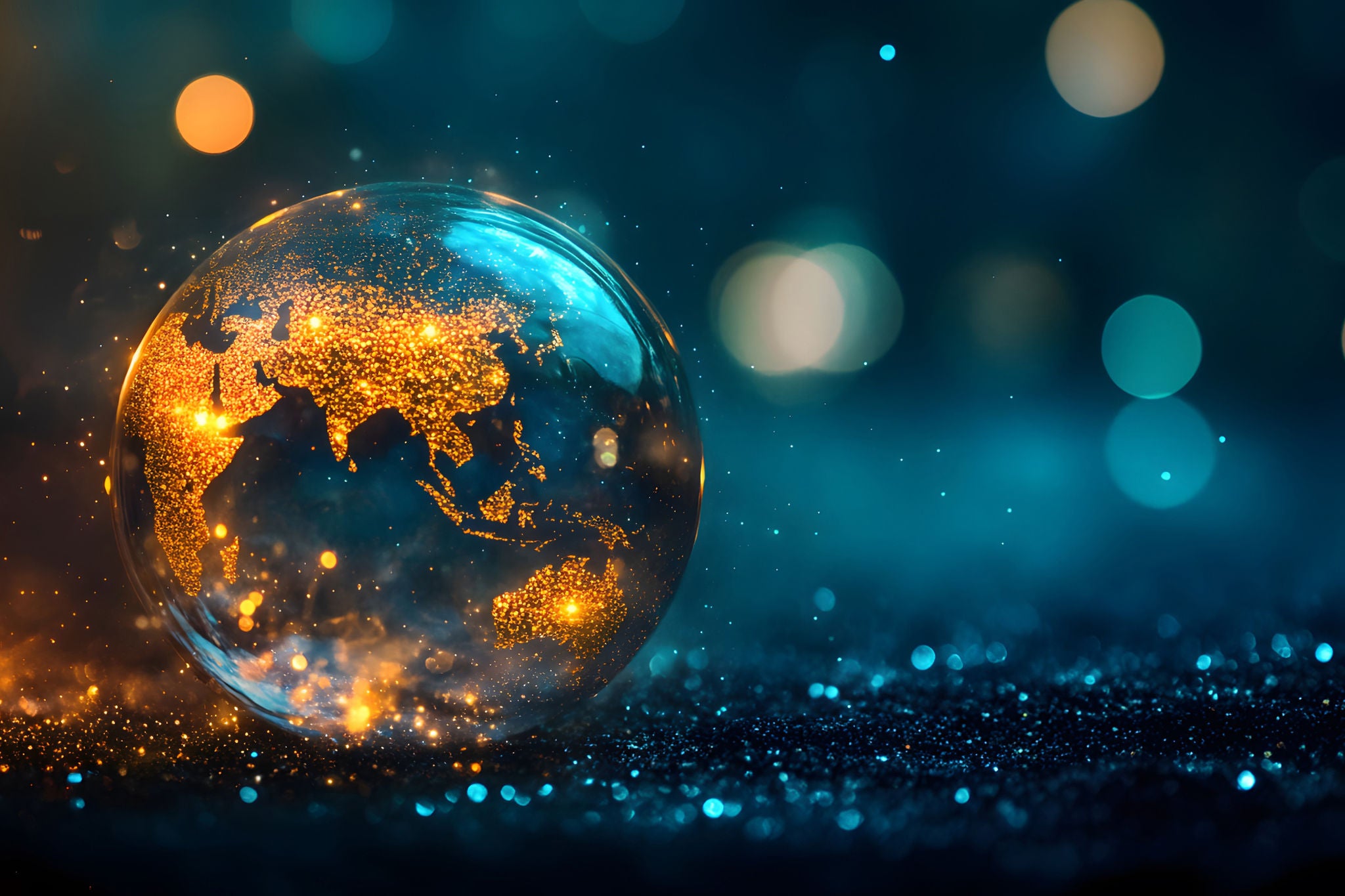 Glødende jordklode i mørkt, futuristisk lys