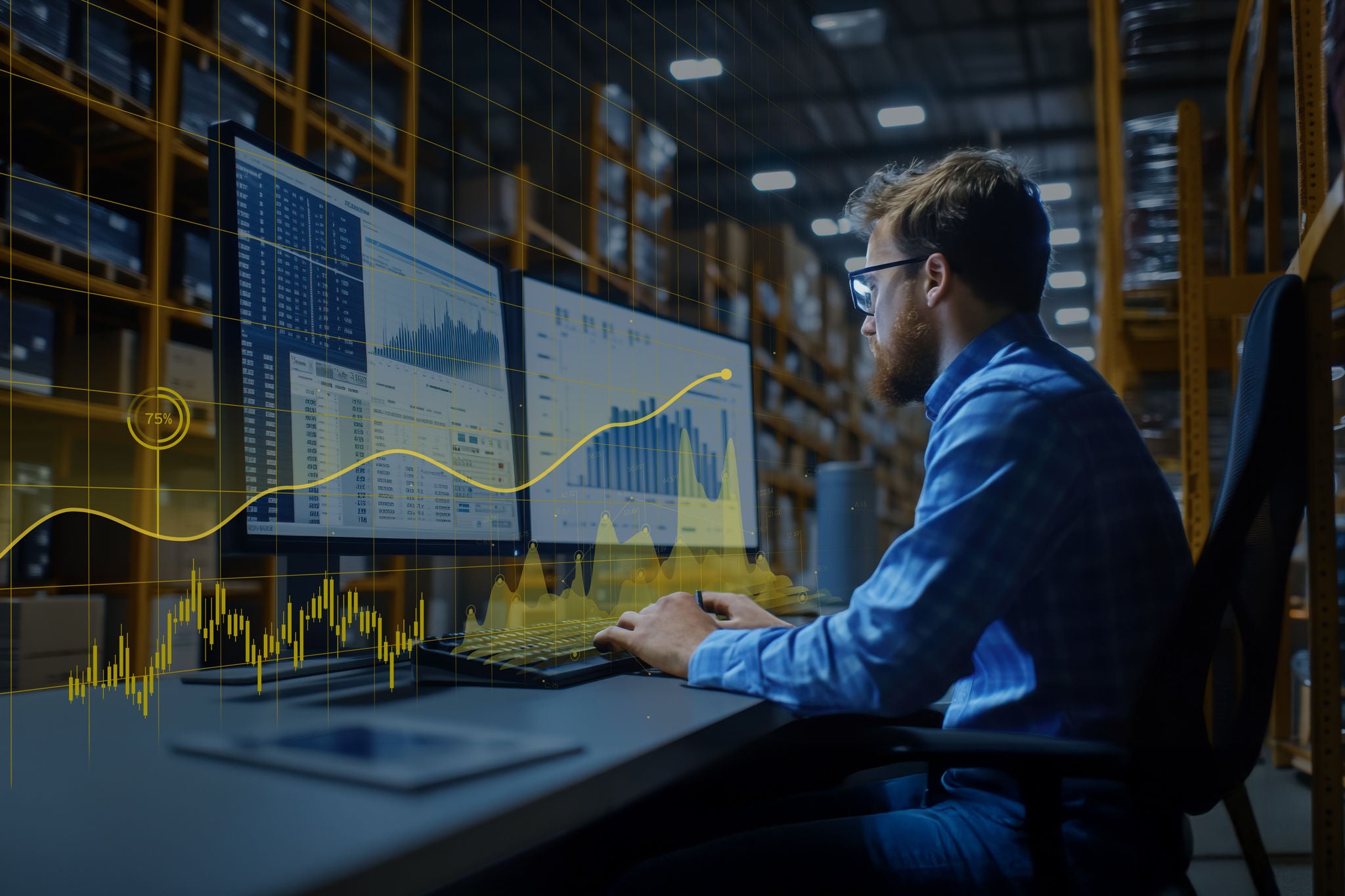 Inventory control specialist analyzing warehouse stock data on a computer screen, with detailed