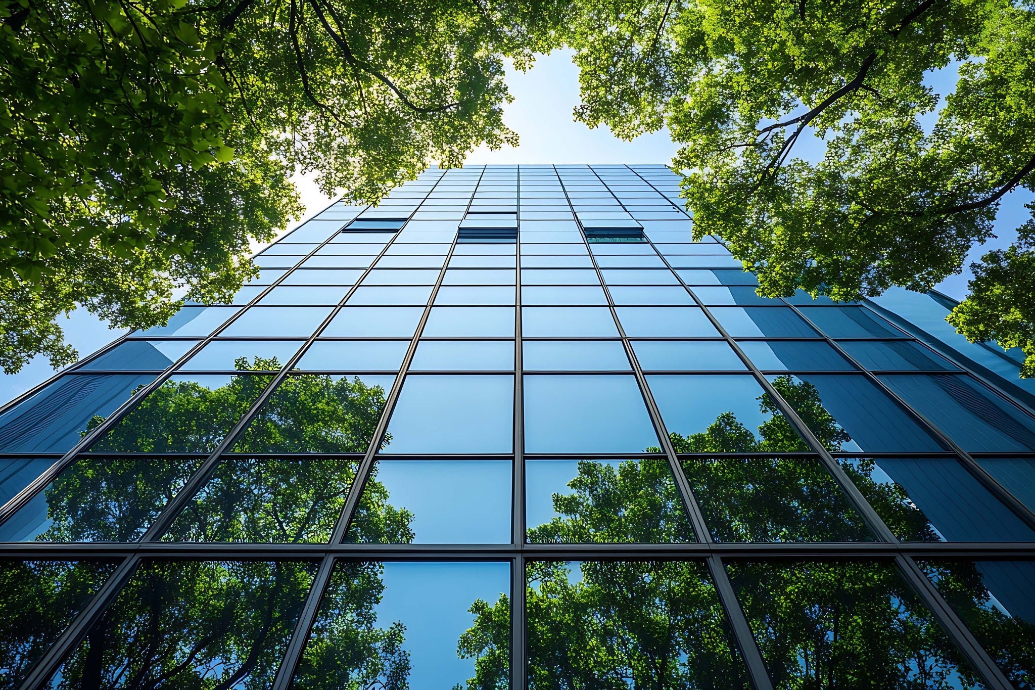 Immeuble en verre reflétant des arbres verts sous un ciel lumineux