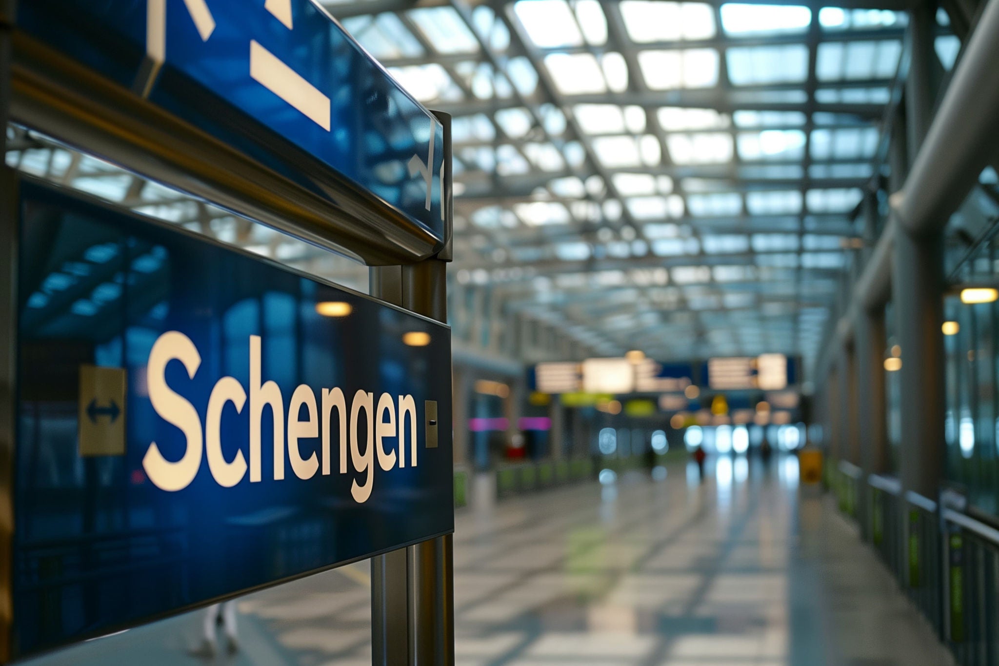 Ein Schild mit der Aufschrift „Schengen“ in einem hellen Flughafenbereich.