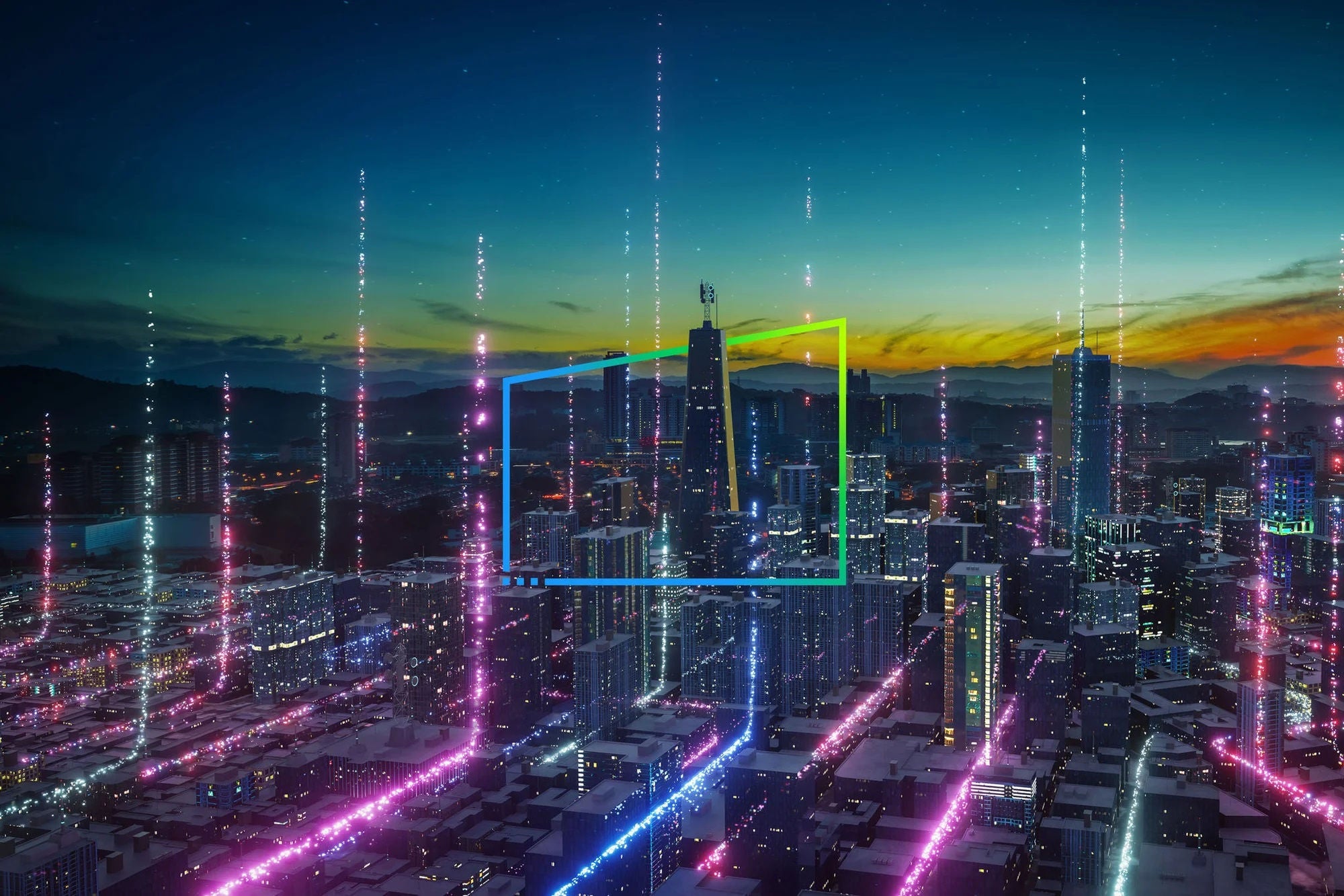 Eine futuristische Stadtlandschaft in der Dämmerung, erleuchtet mit leuchtenden Linien.