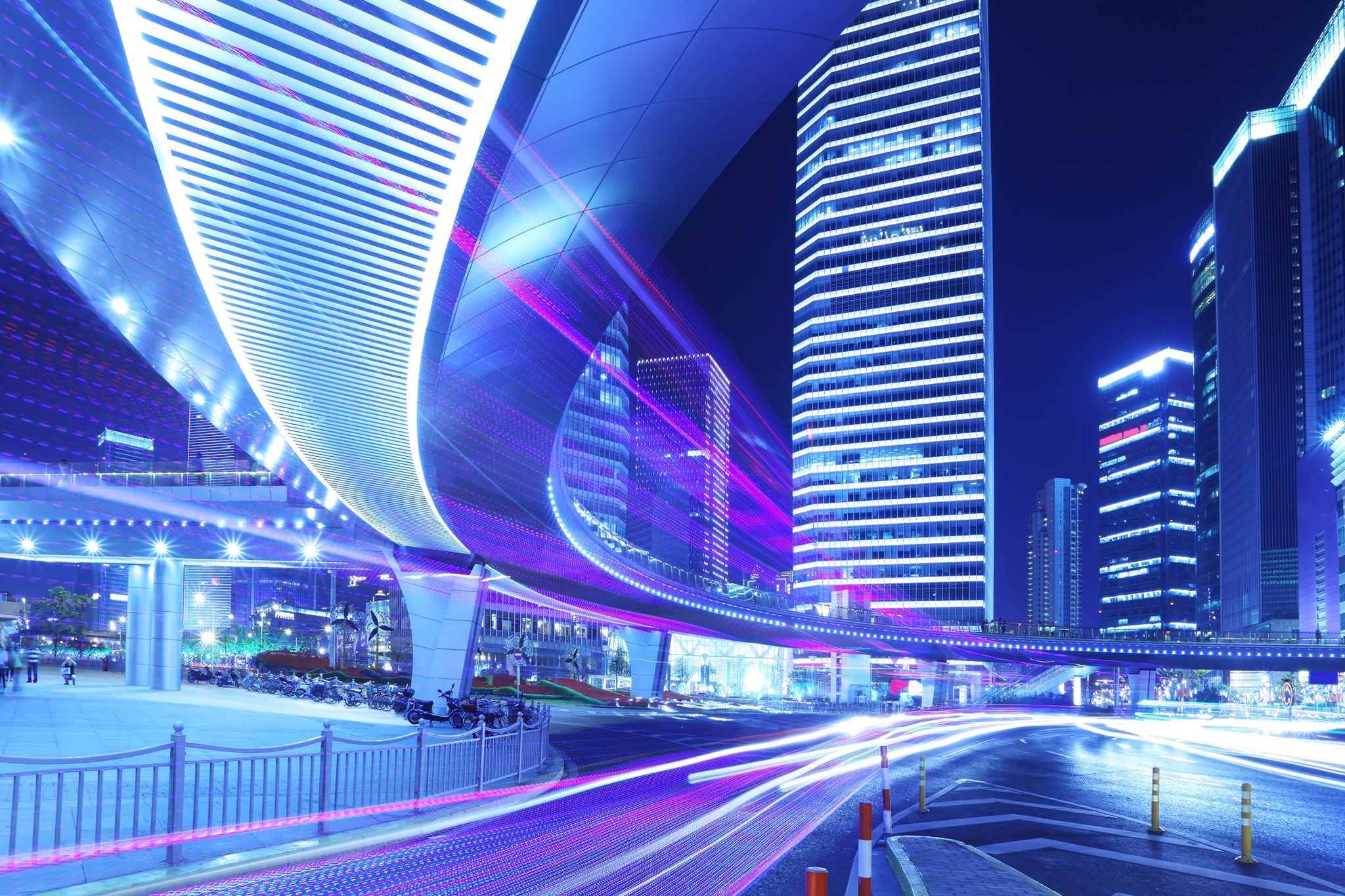 Shanghai modern buildings,China the light trails on the modern building background in shanghai china.