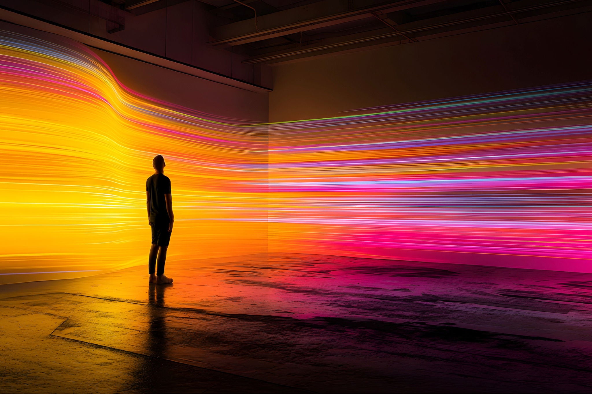 A person stands in a dark room surrounded by vibrant flowing bands