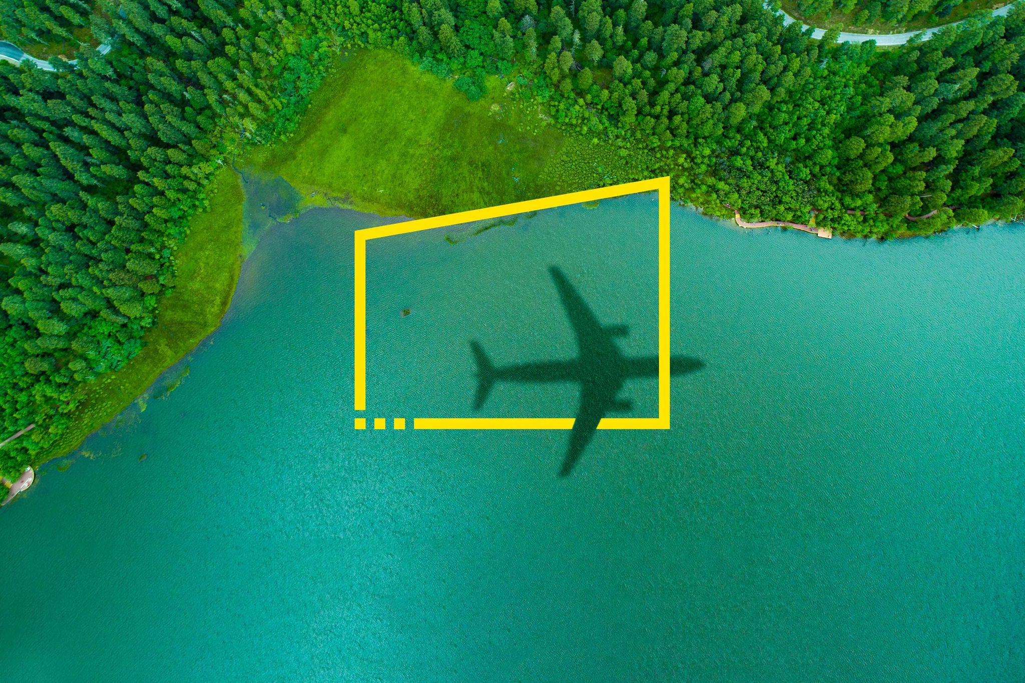 airplane shadow over an islands forest static