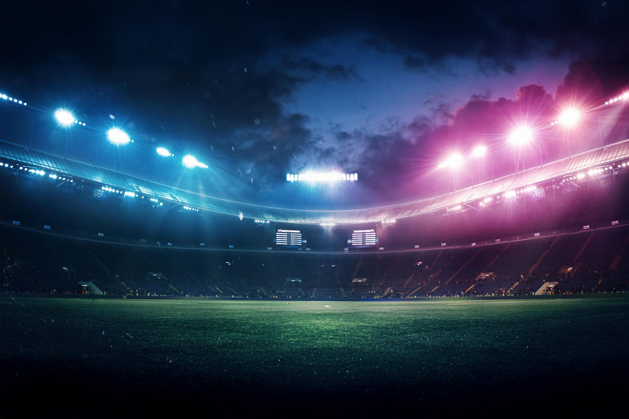 Full stadium and neoned colorful flashlights background. Flyer with copyspace in modern colors. Concept of sport, competition, winning, action and motion. Empty area for championships, your ad, design.