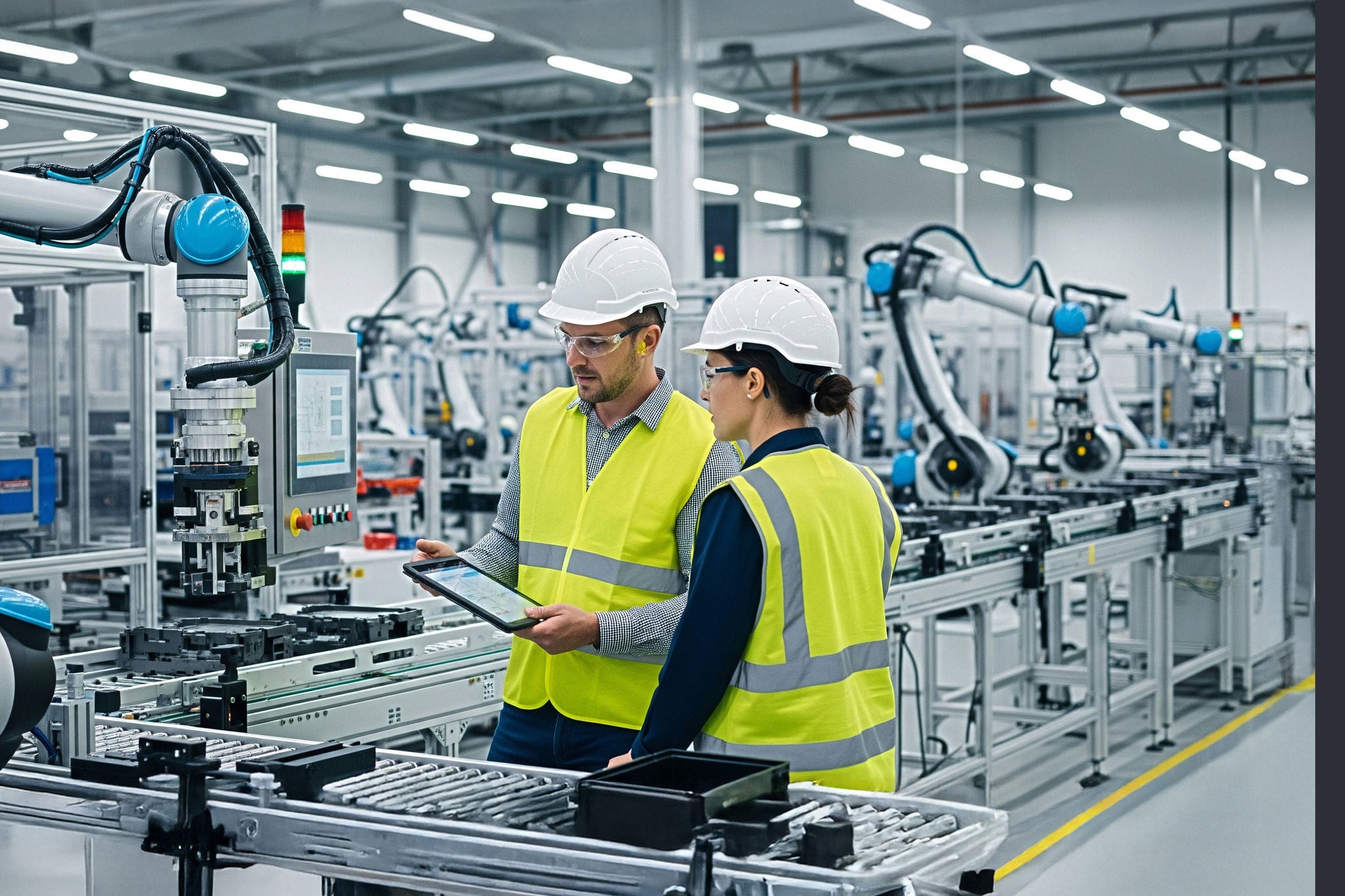 Engineers tablet robotics manufacturing