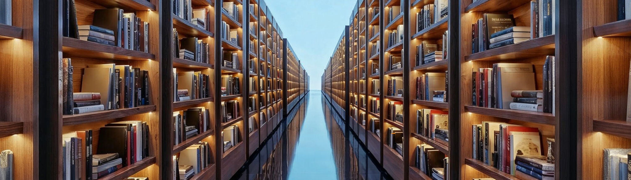 Beleuchtete Bücherregale bilden einen endlosen, symmetrischen Korridor voller Wissen.