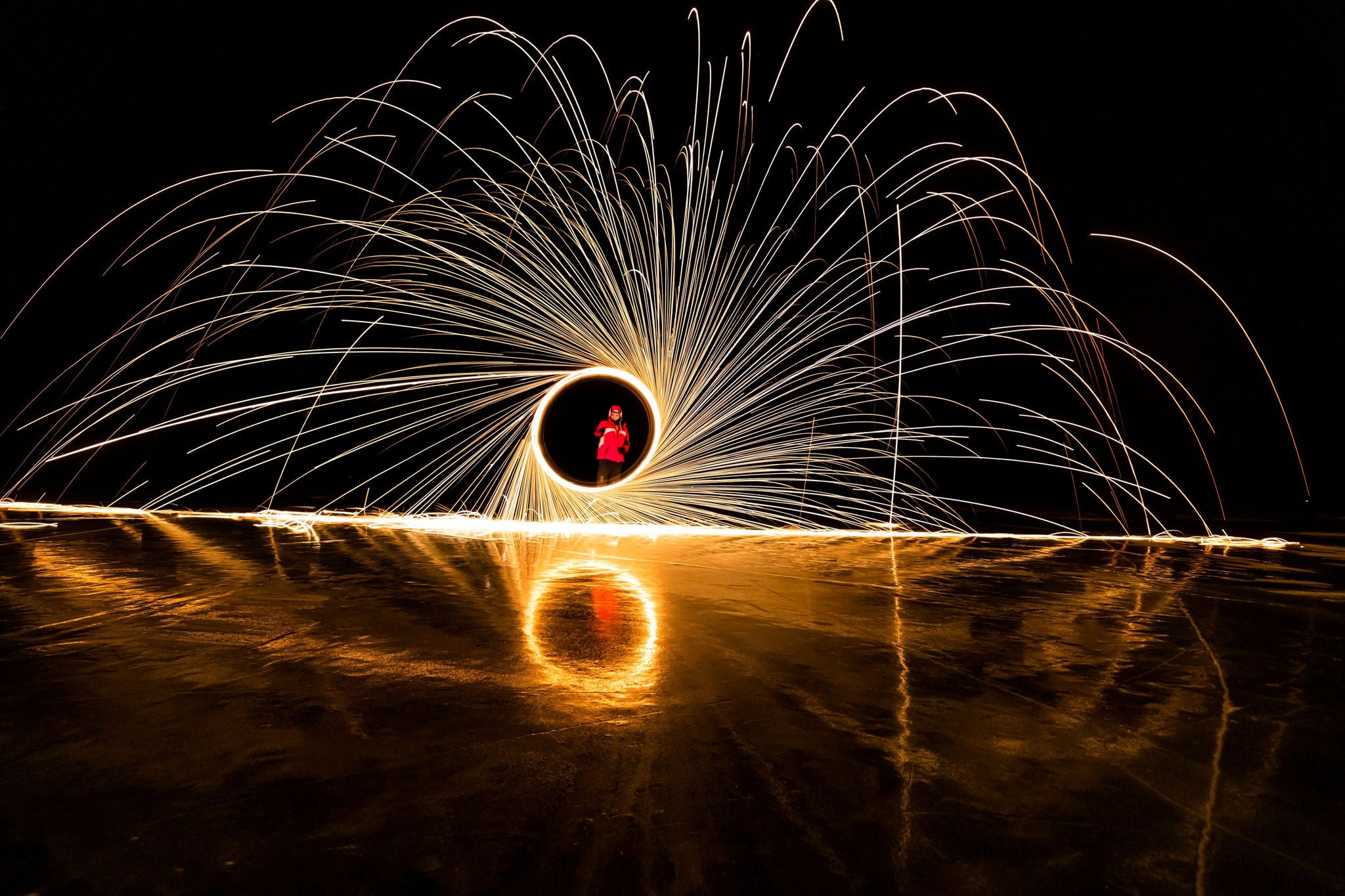 Ring of fire spinning steel wool on the ice at night
