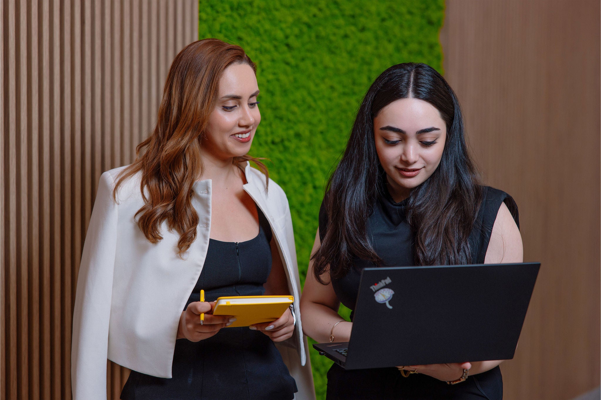 Business professionals collaborating with a laptop and notepad
