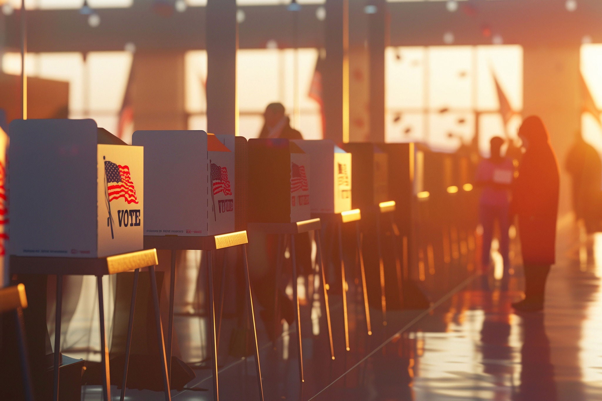 Diverse people engaged in voting at US election booths with sunlight streaming in - AI generated