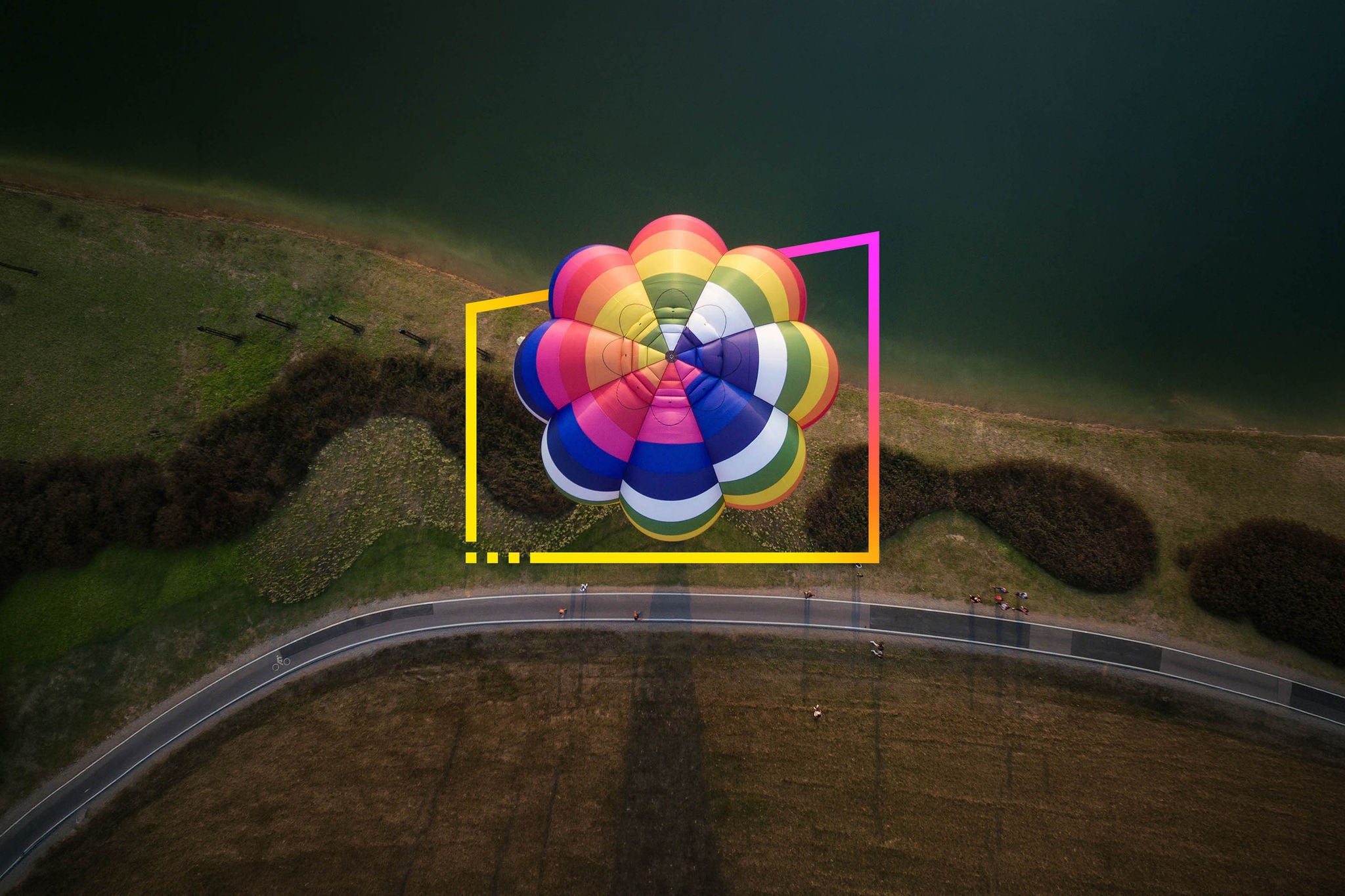 Hot air balloon fly over green tea farm, top view, bird eye view from drone