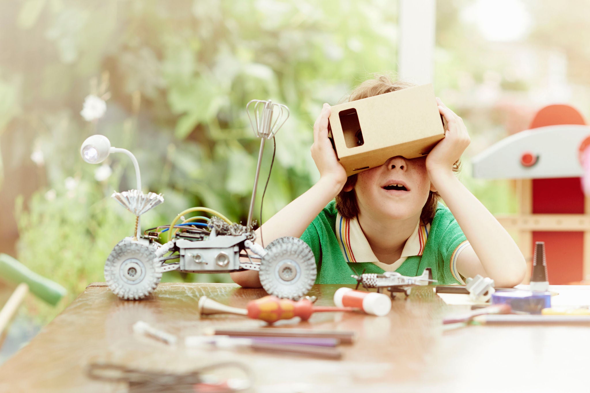 Portrait of boy making a virtual reality headset