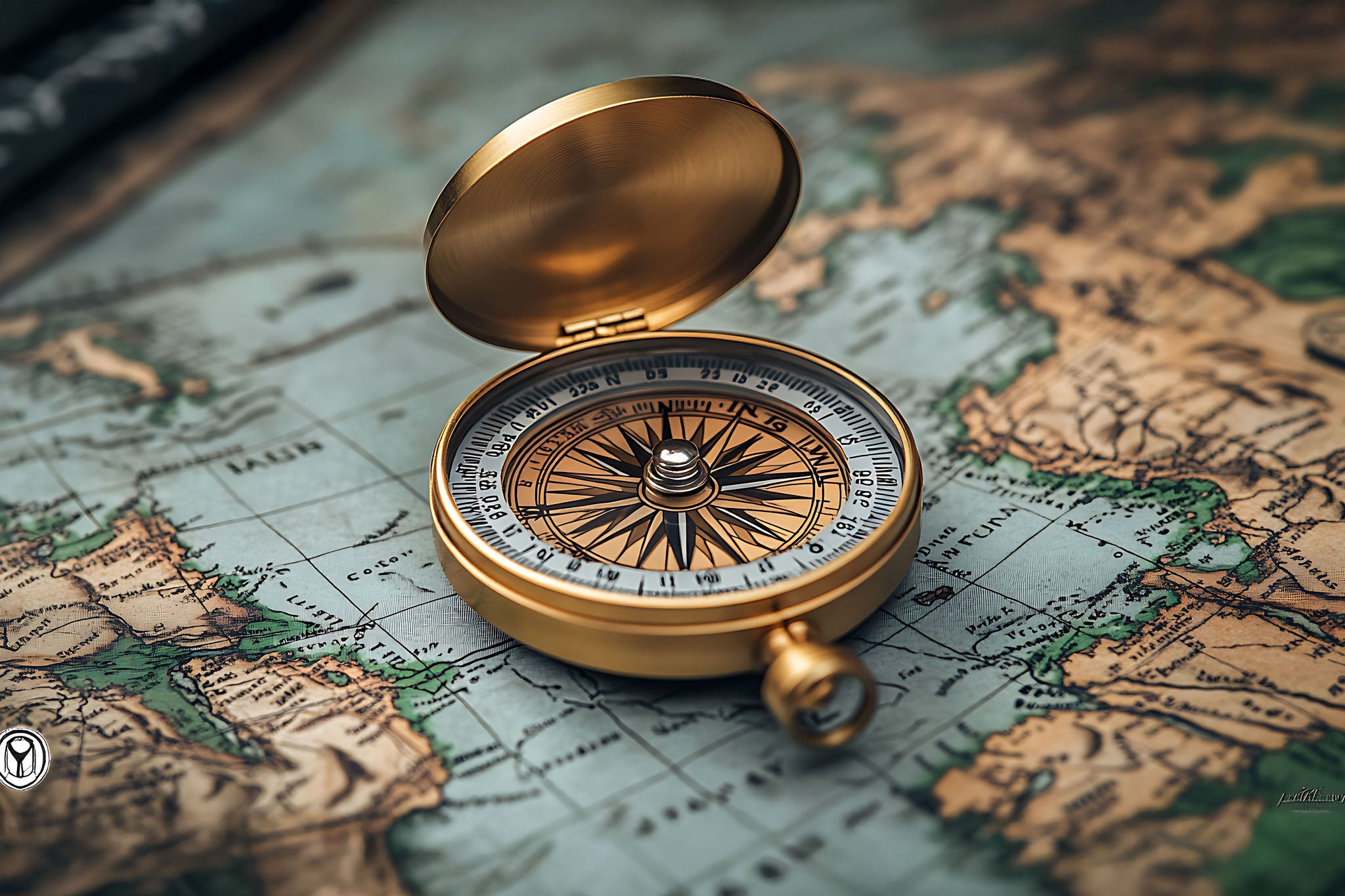 A classic compass with an open lid is lying on a vintage world map