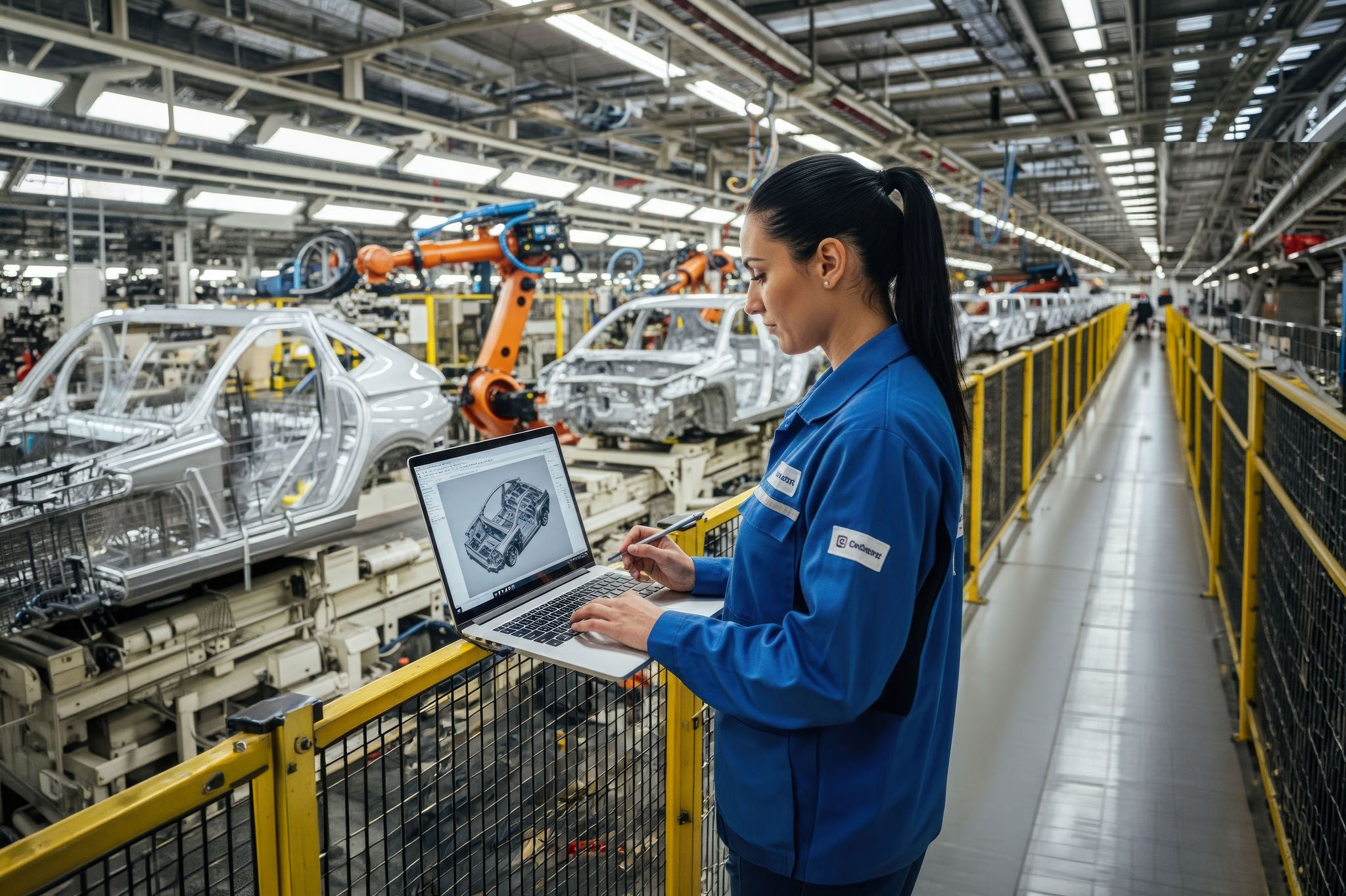 A female engineer or technician working on a laptops in an automotive factory demonstrates