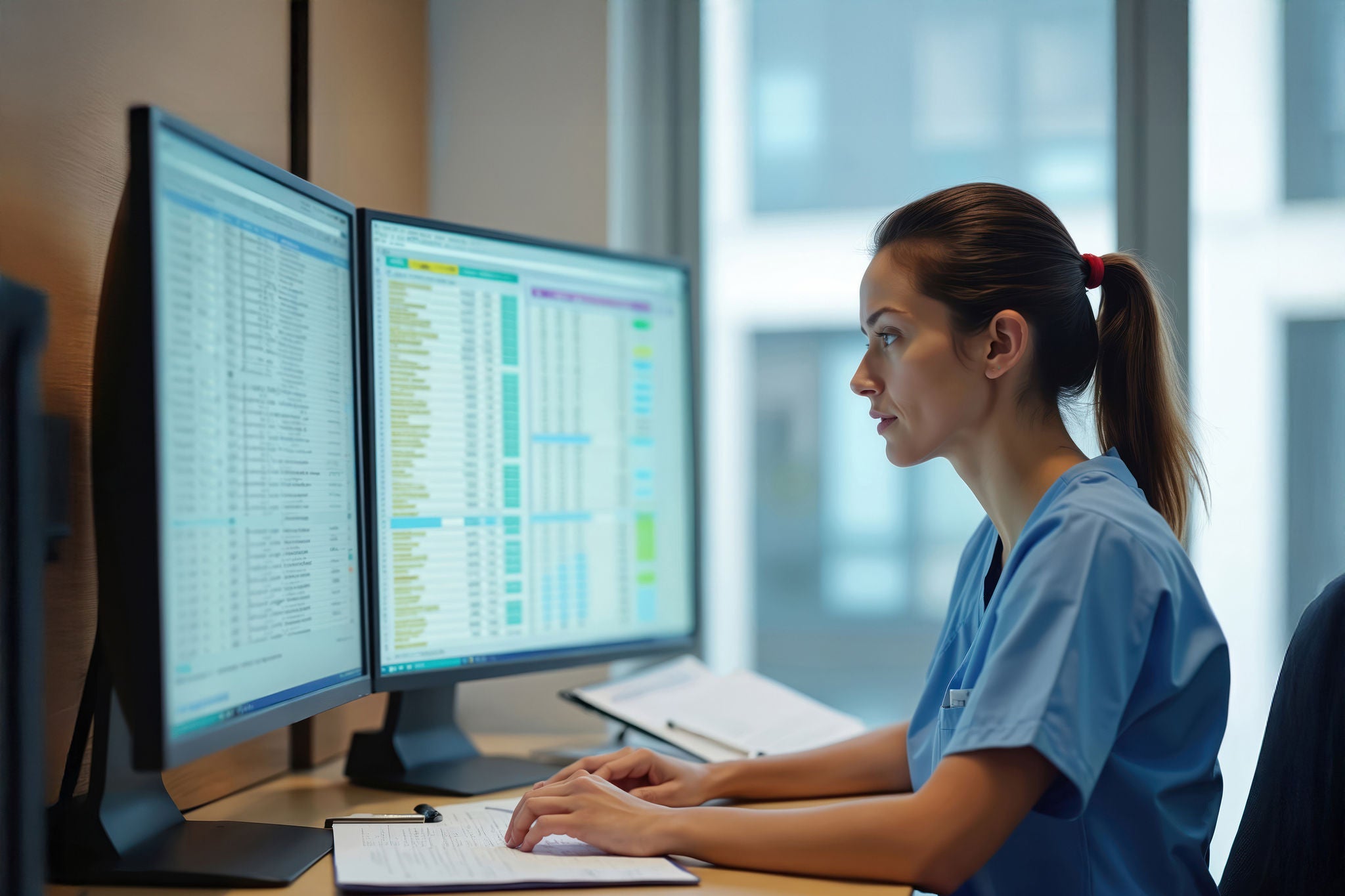 Young female medical pro works on computer. 