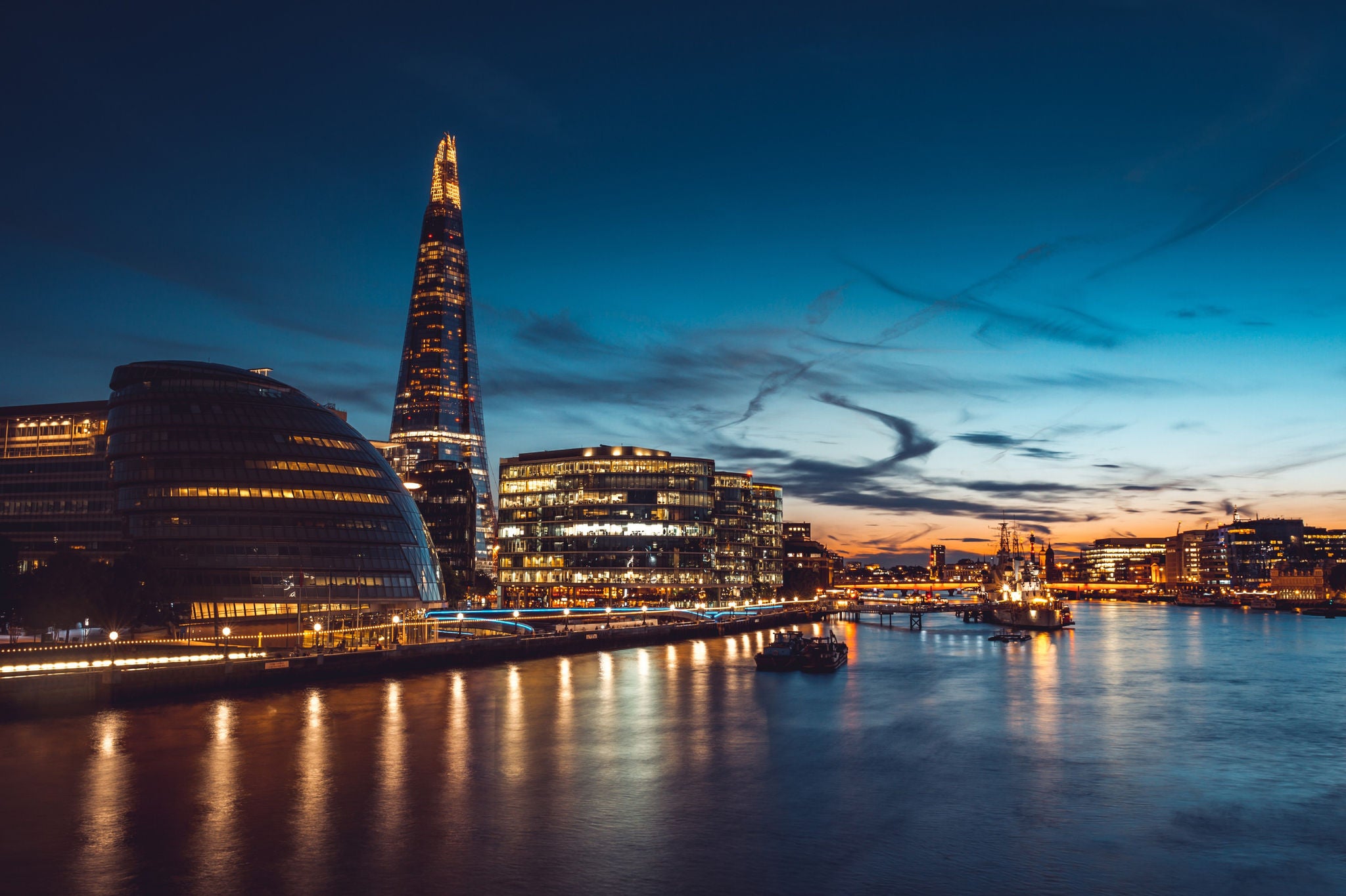 Banks of river Thames in London after sunrise