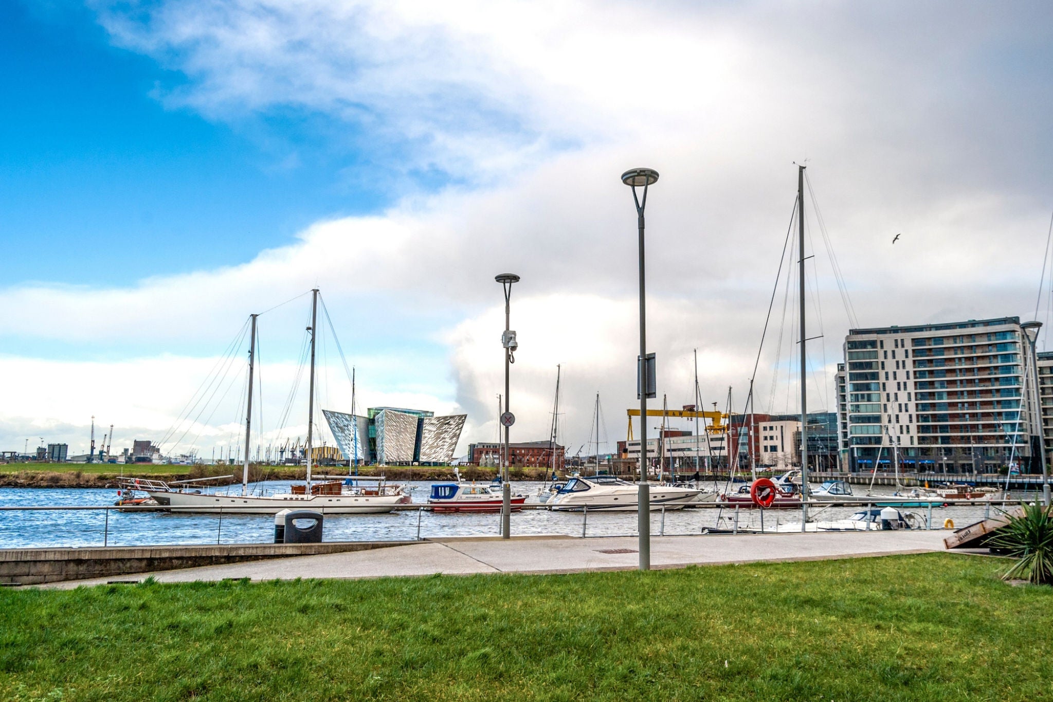 Marina with yachts and Titanic Belfast in background