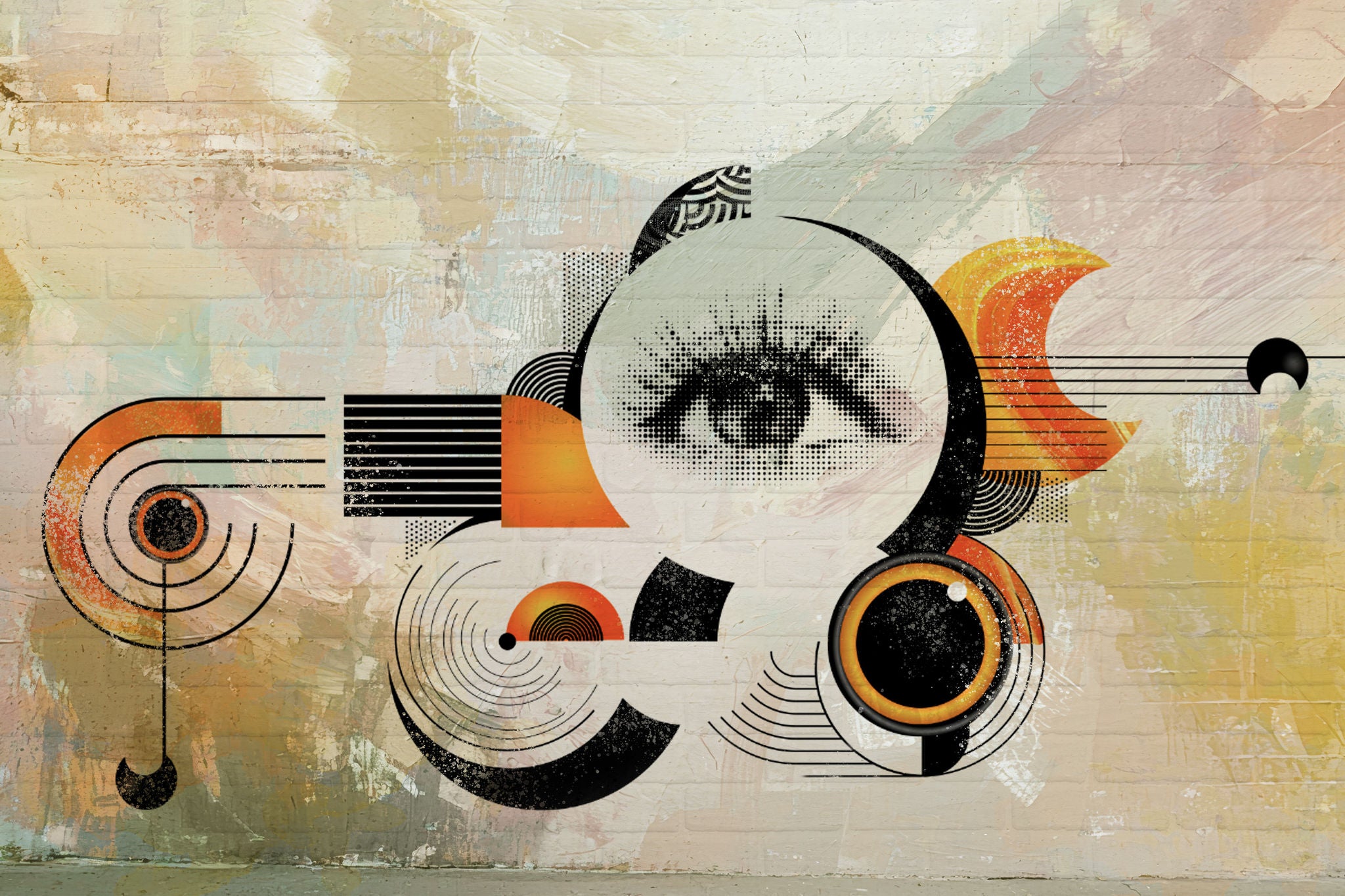 Fresque abstraite avec formes geometriques et un oeil detaille au centre