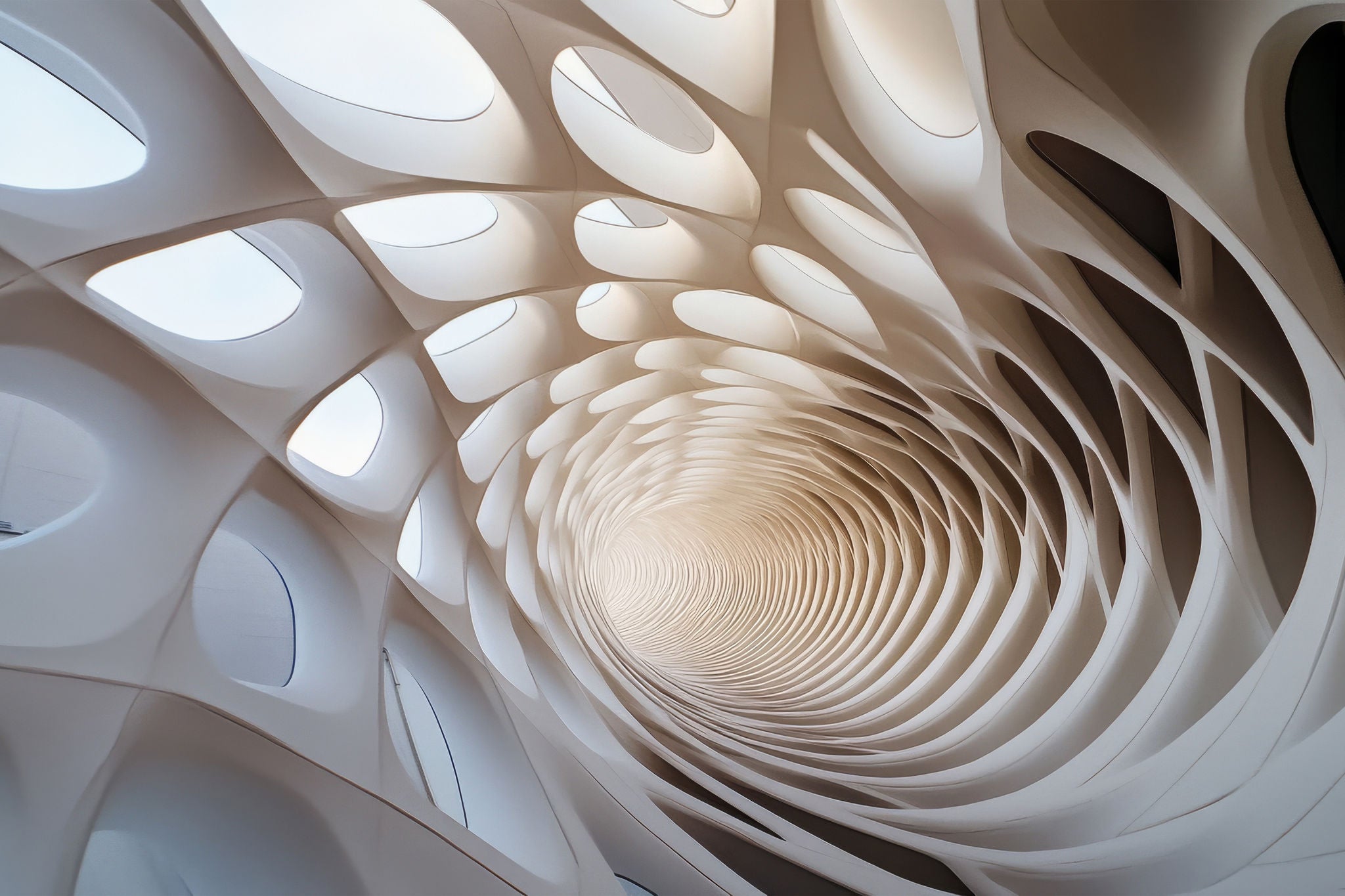Intricate modern architecture spirals towards a bright central point, creating a mesmerizing vortex of organic forms and soft lighting.