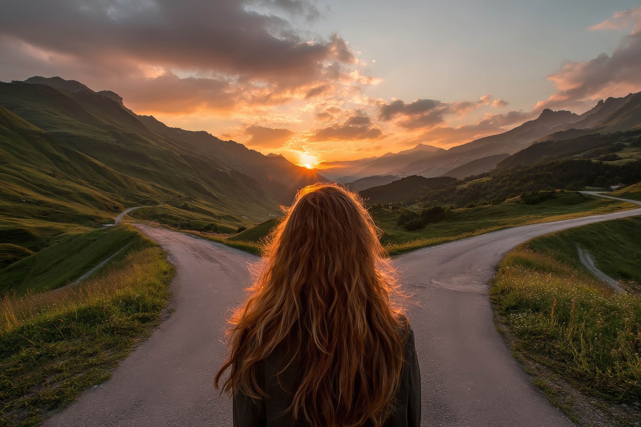 Woman at a Crossroad: Choosing a Path in the Mountains at Sunset.