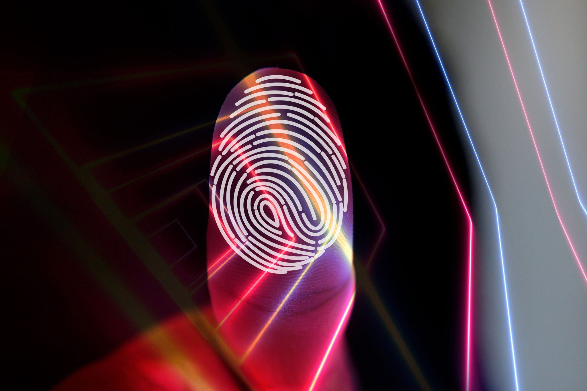 Businessman login with fingerprint scanning technology. Security system concept