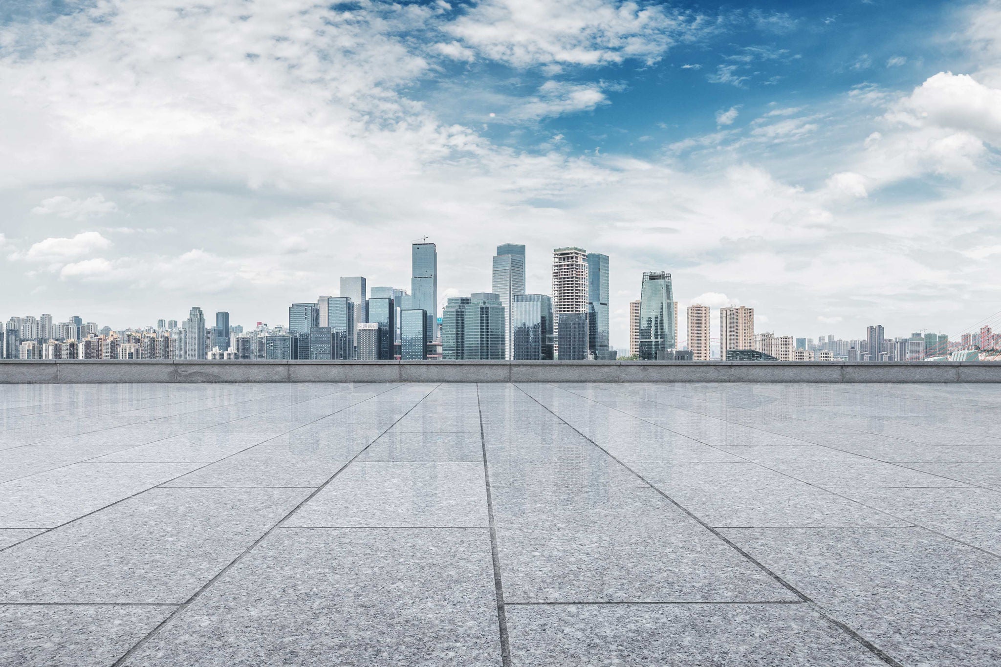 cityscape and skyline of chongqing in cloud sky on view from empty floor