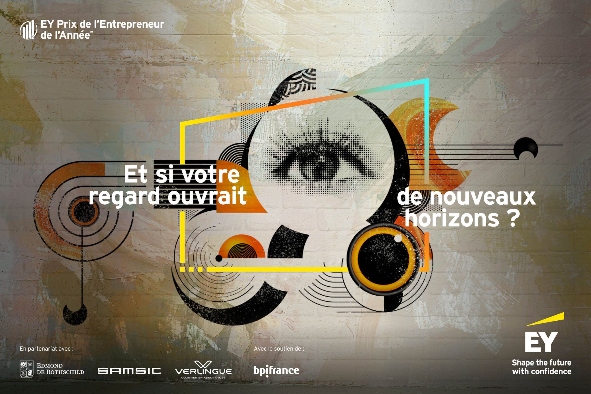 Graphique abstrait EY avec un œil et des formes géométriques entrepreneuriales.