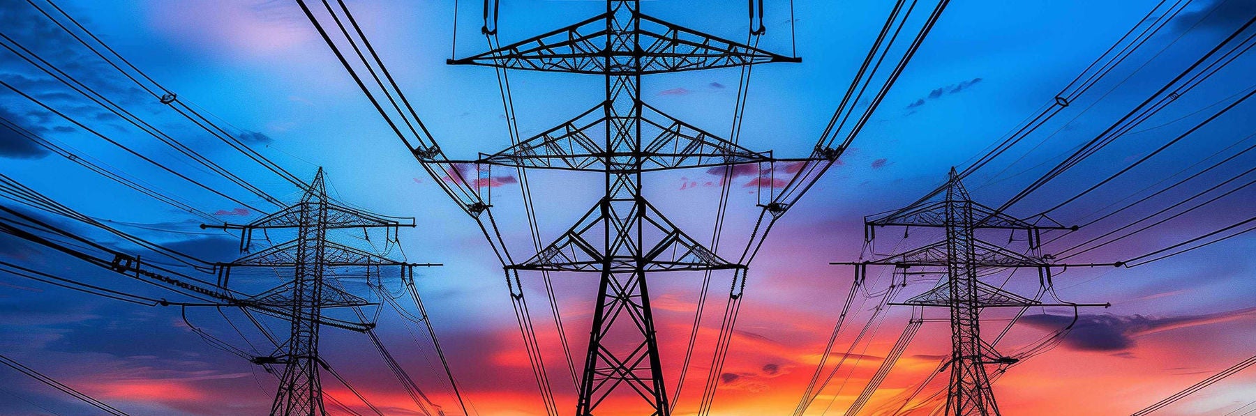 Power transmission lines silhouetted against vibrant sunset sky