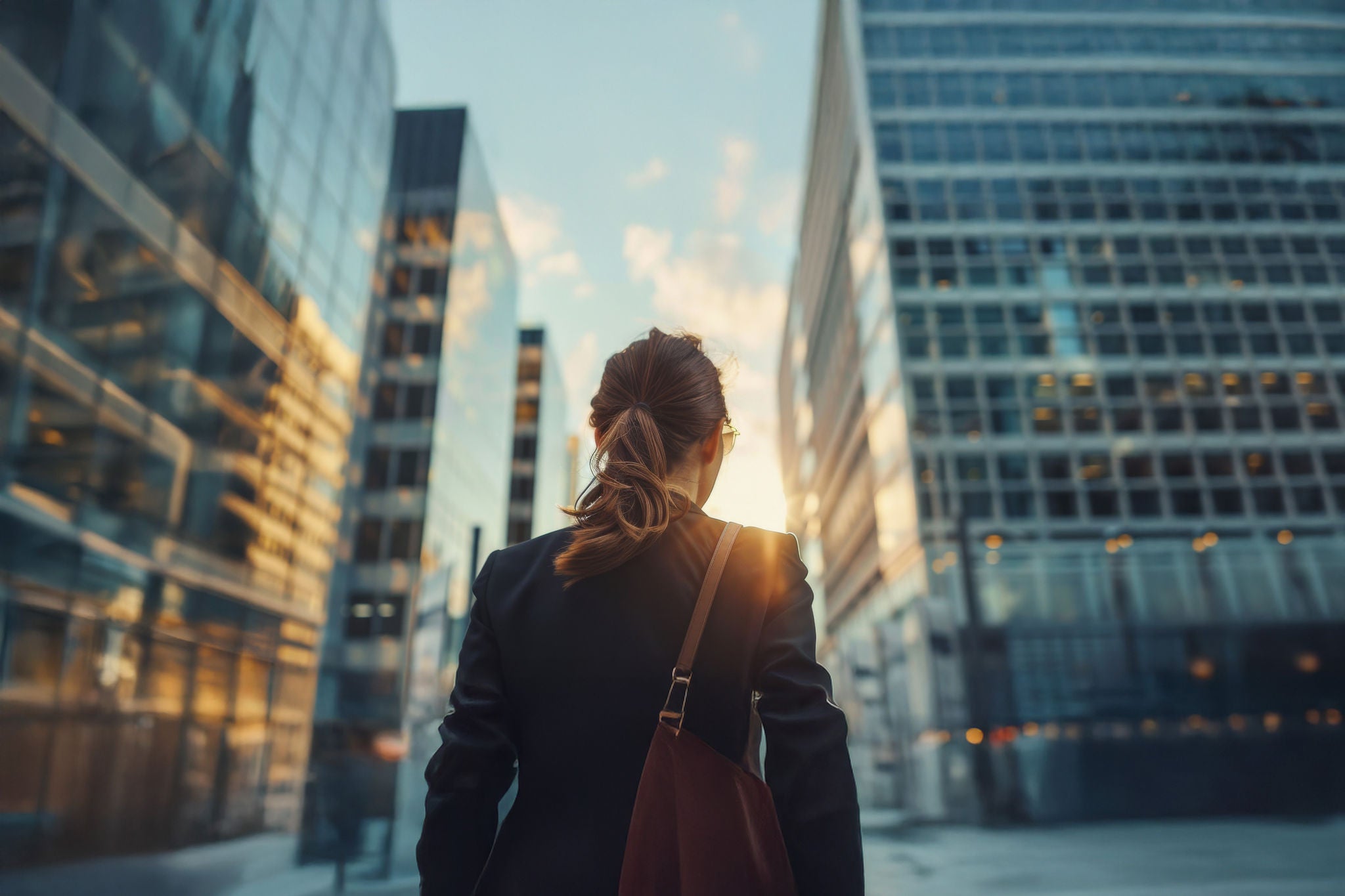 Rear view of business woman in business city center