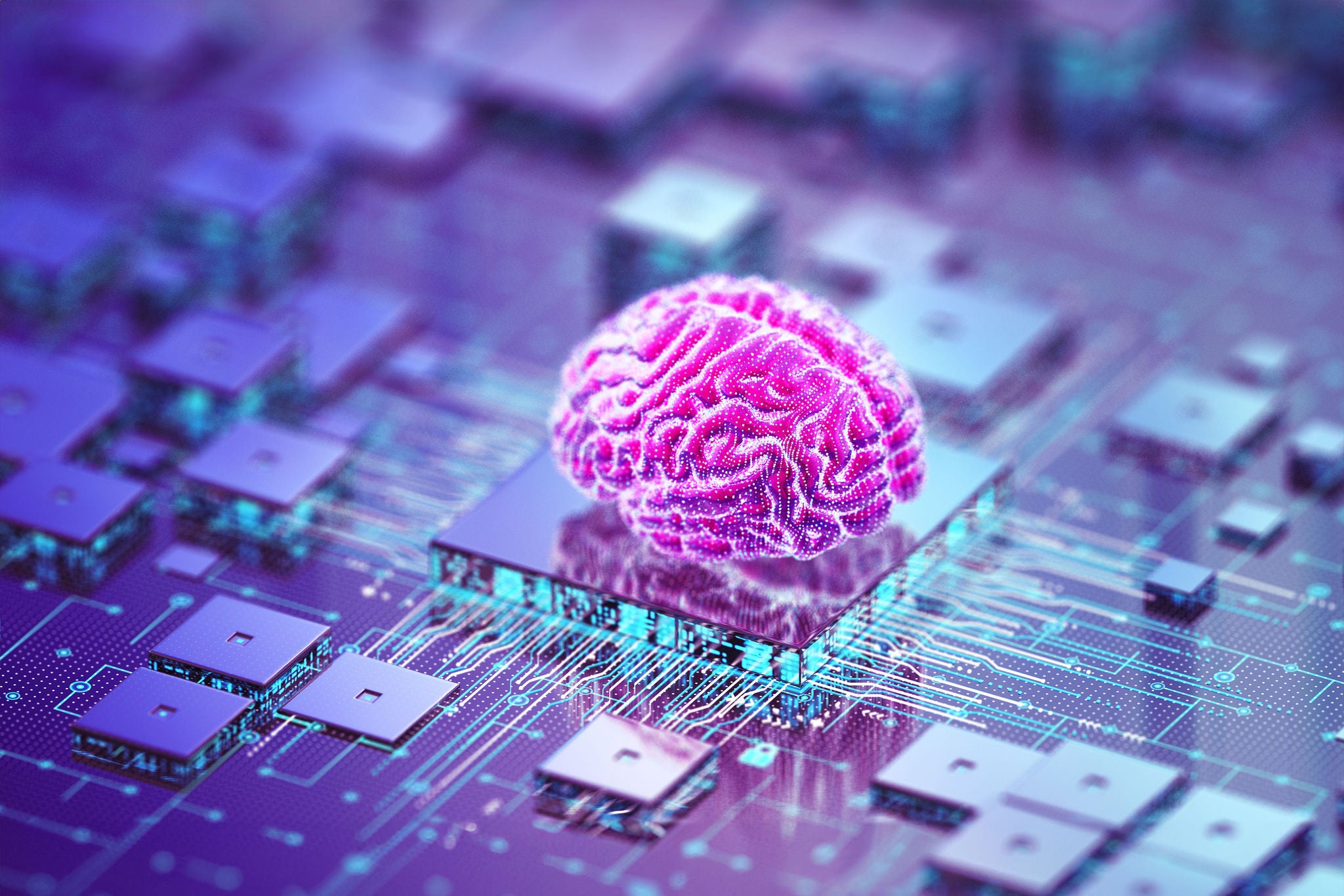 3D rendered brain object on top of integrated chips on a computer board