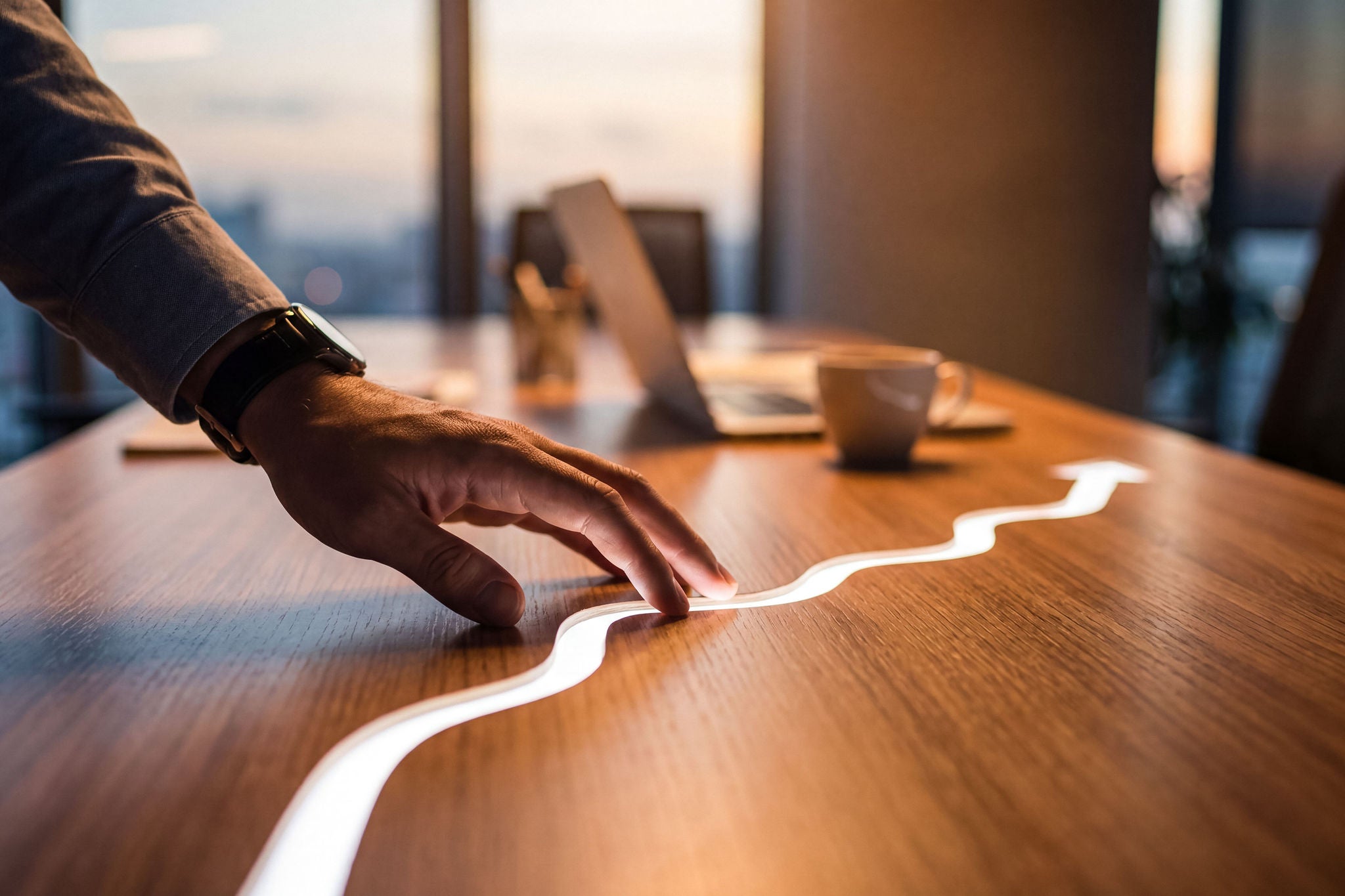 A close-up of a hand tracing a glowing arrow on a desk, symbolizing business growth and strategic planning. Excellent for corporate success stories.