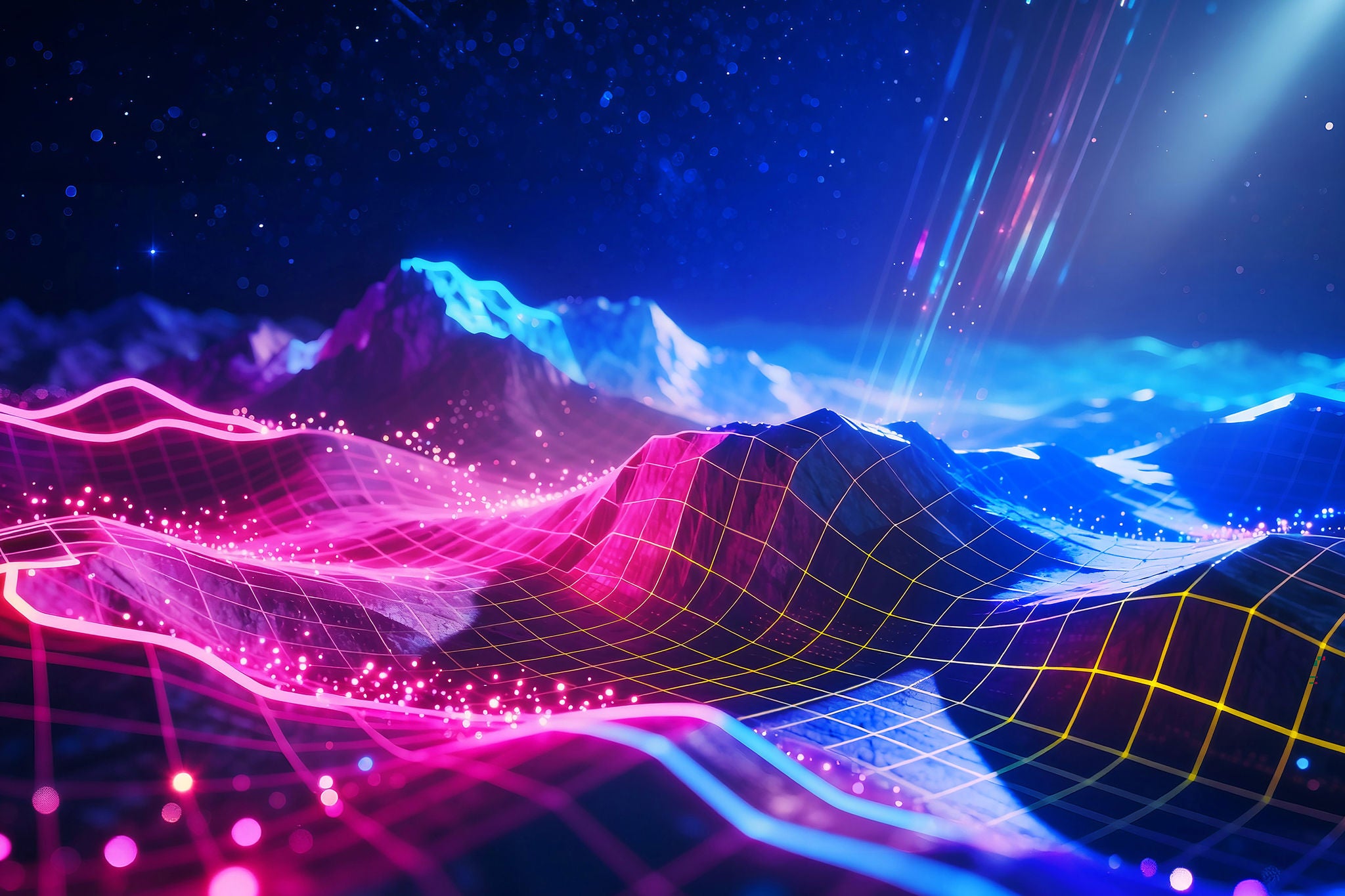 Digital landscape with glowing grid and stars