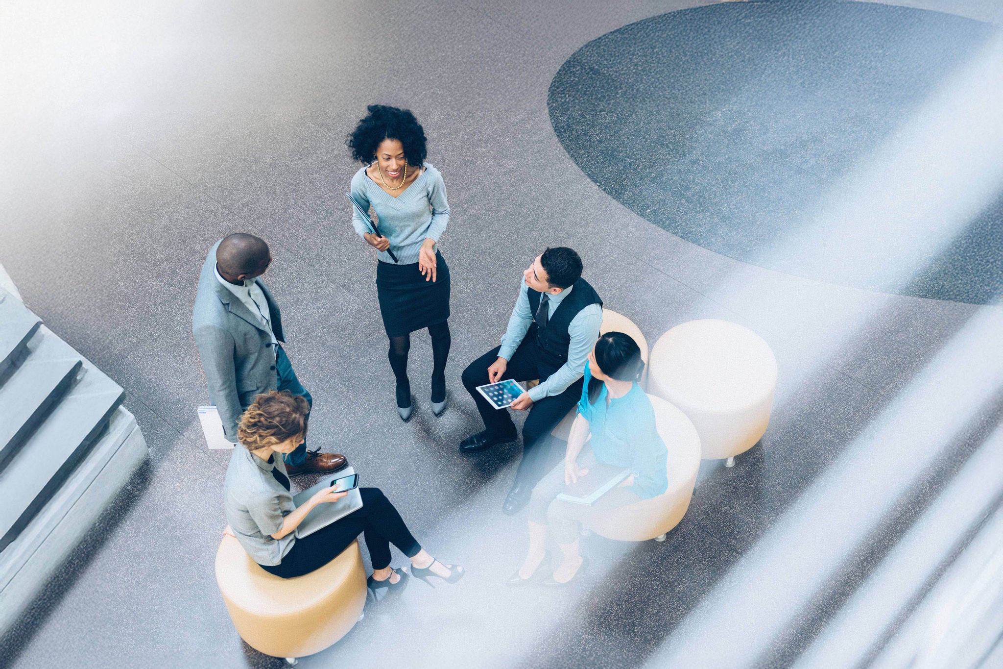 Overhead view of multiracial business team having a meeting