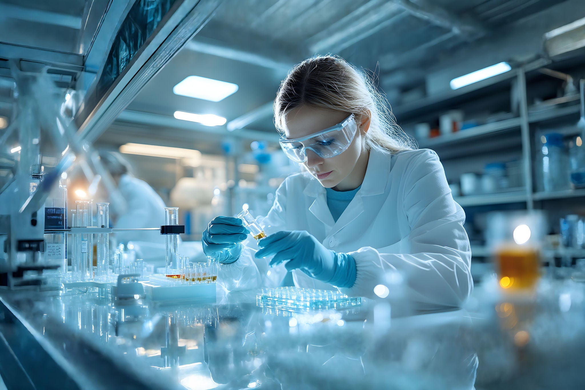 Young female researcher conducting experiments and analysis with advanced laboratory equipment in a high-tech facility