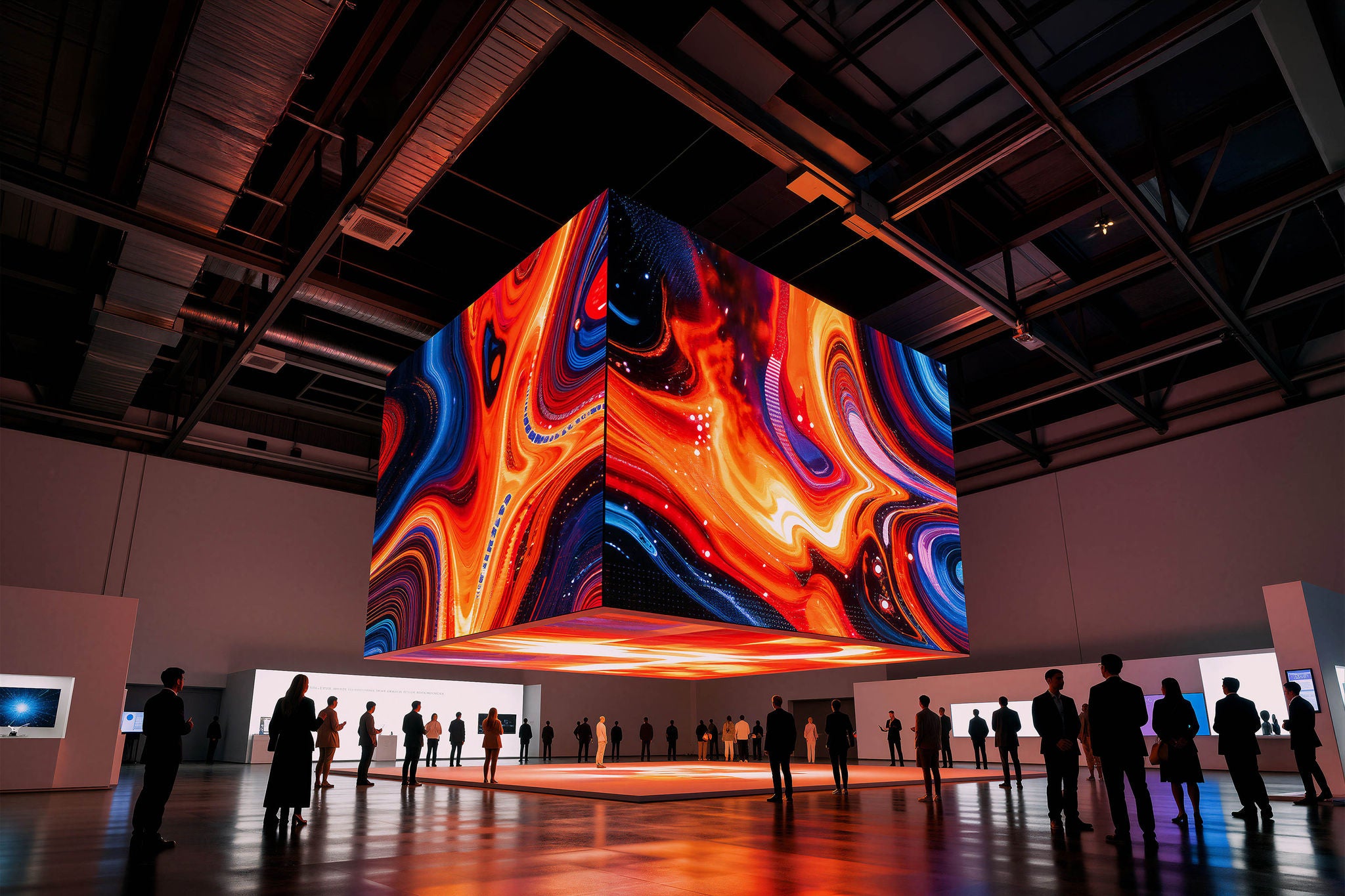 People observing a large cube-shaped digital display