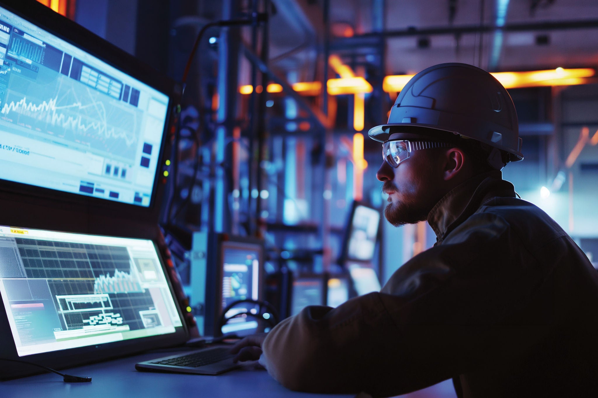Industrial worker monitoring data dashboards on multiple computer screens in a high-tech facility.