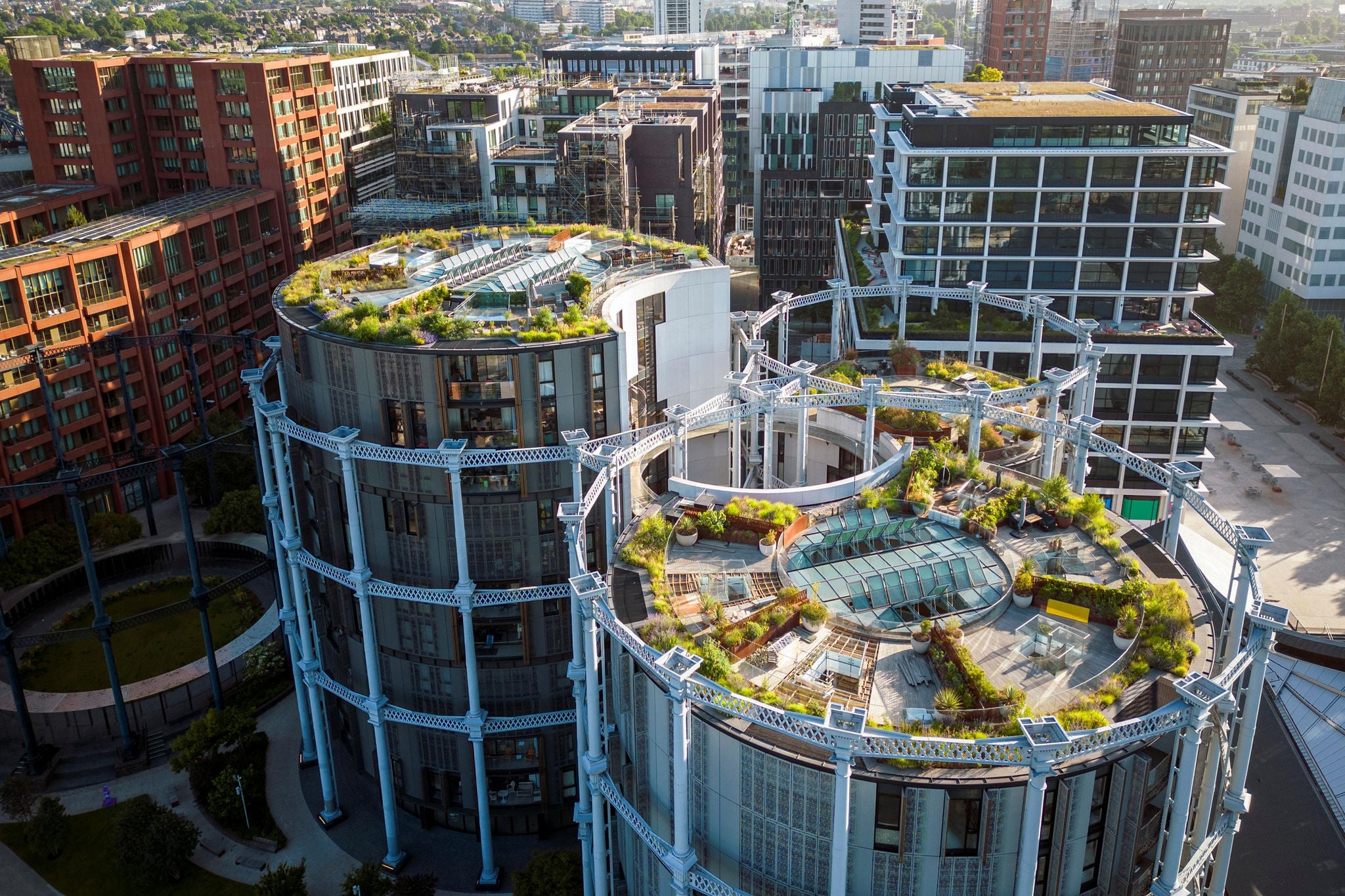 Aerial view of the roof gardens at Gasholder Park, Kings Cross