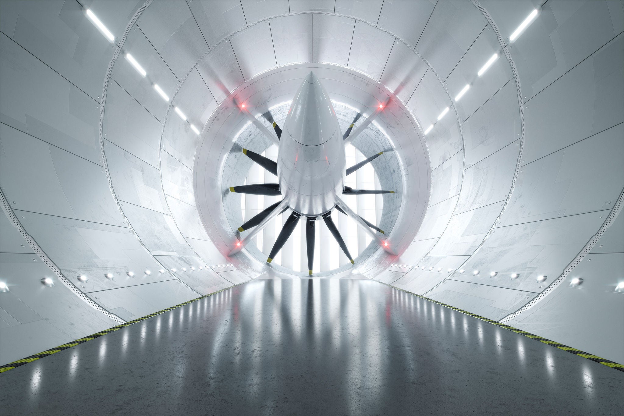 Aircraft inside a wind tunnel for aerodynamic testing