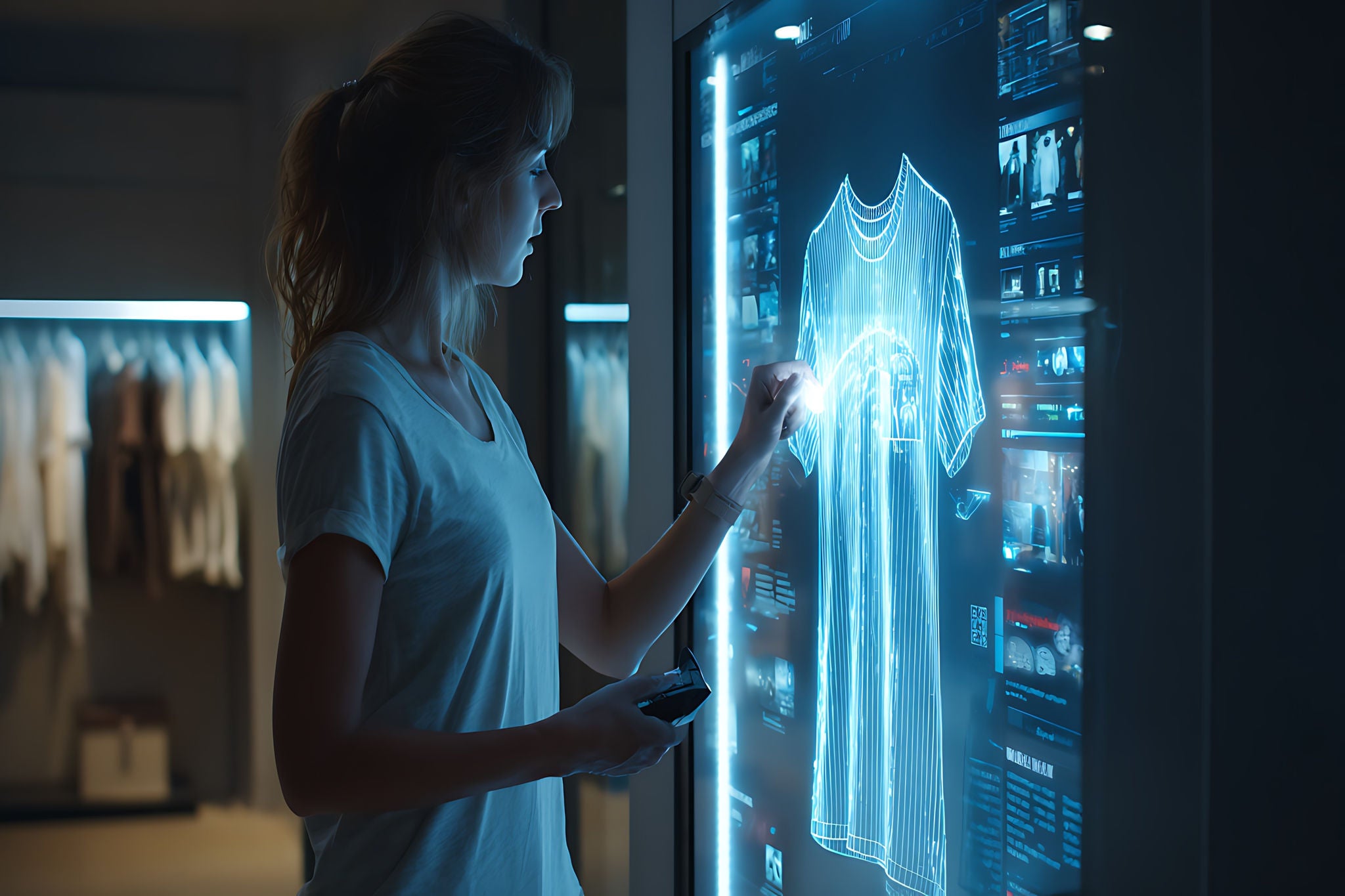 woman using futuristic touchscreen clothing display