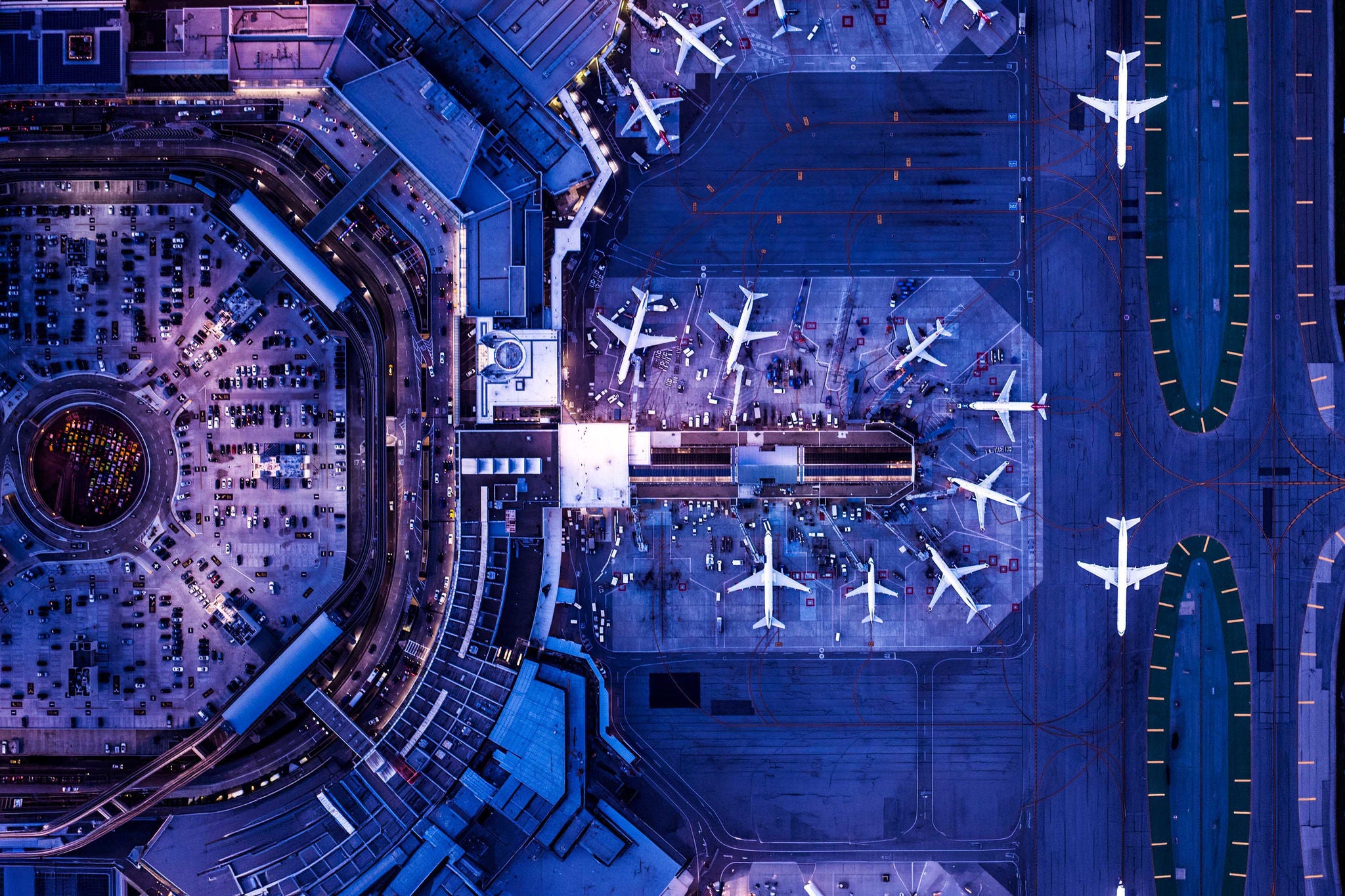 Aerial view of the airport in twilight