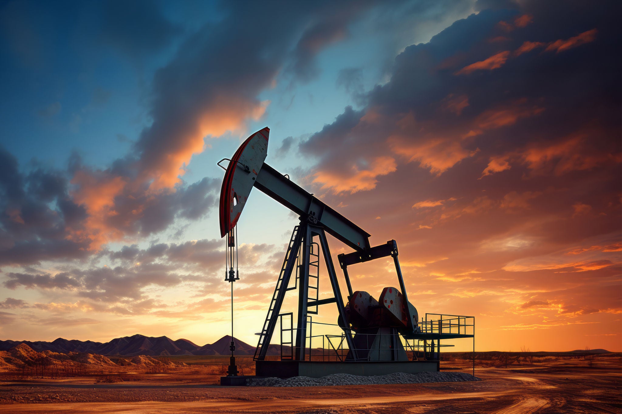 Working Pumpjacks On Sunrise. Silhouette of oil pump jack on rig. Oil drilling company growth. Financial and commodity markets. Ai generative.